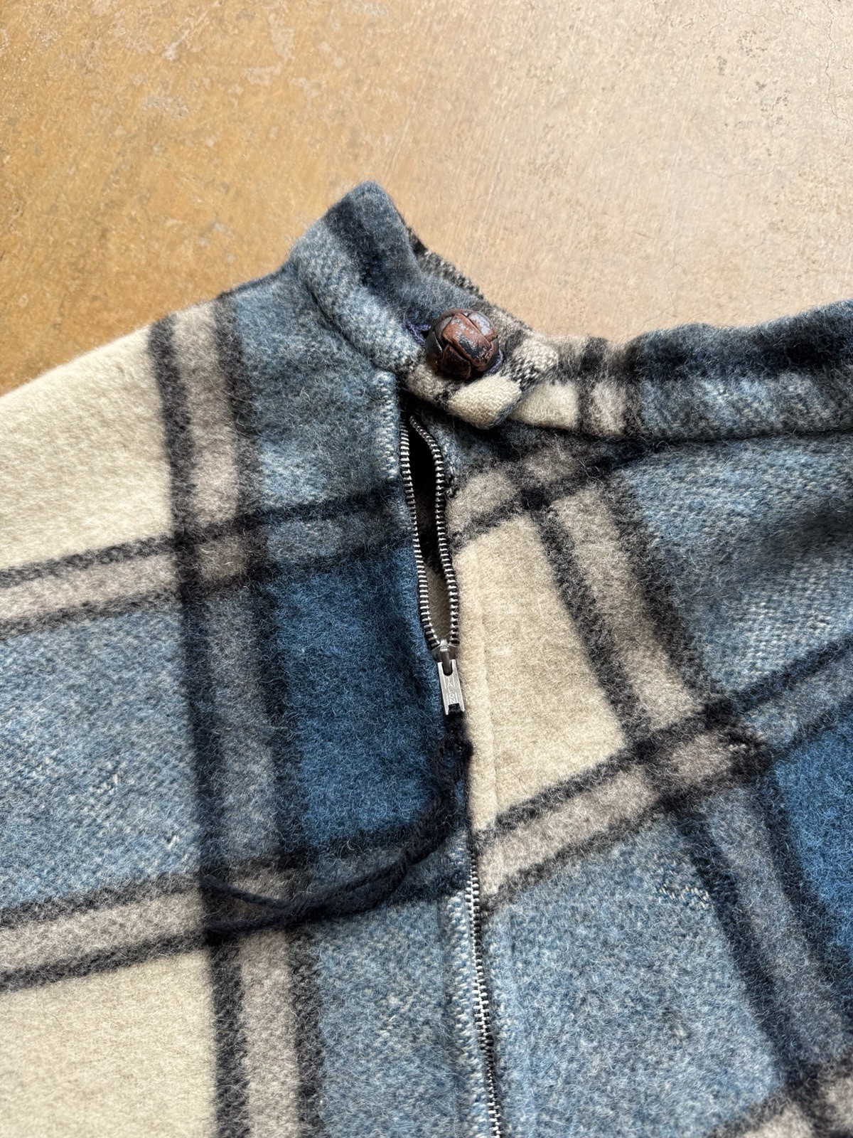 VTG 60s Pioneer Wear Side Zip Up Wool Poncho Scarf Plaid Blue Fringe Western M