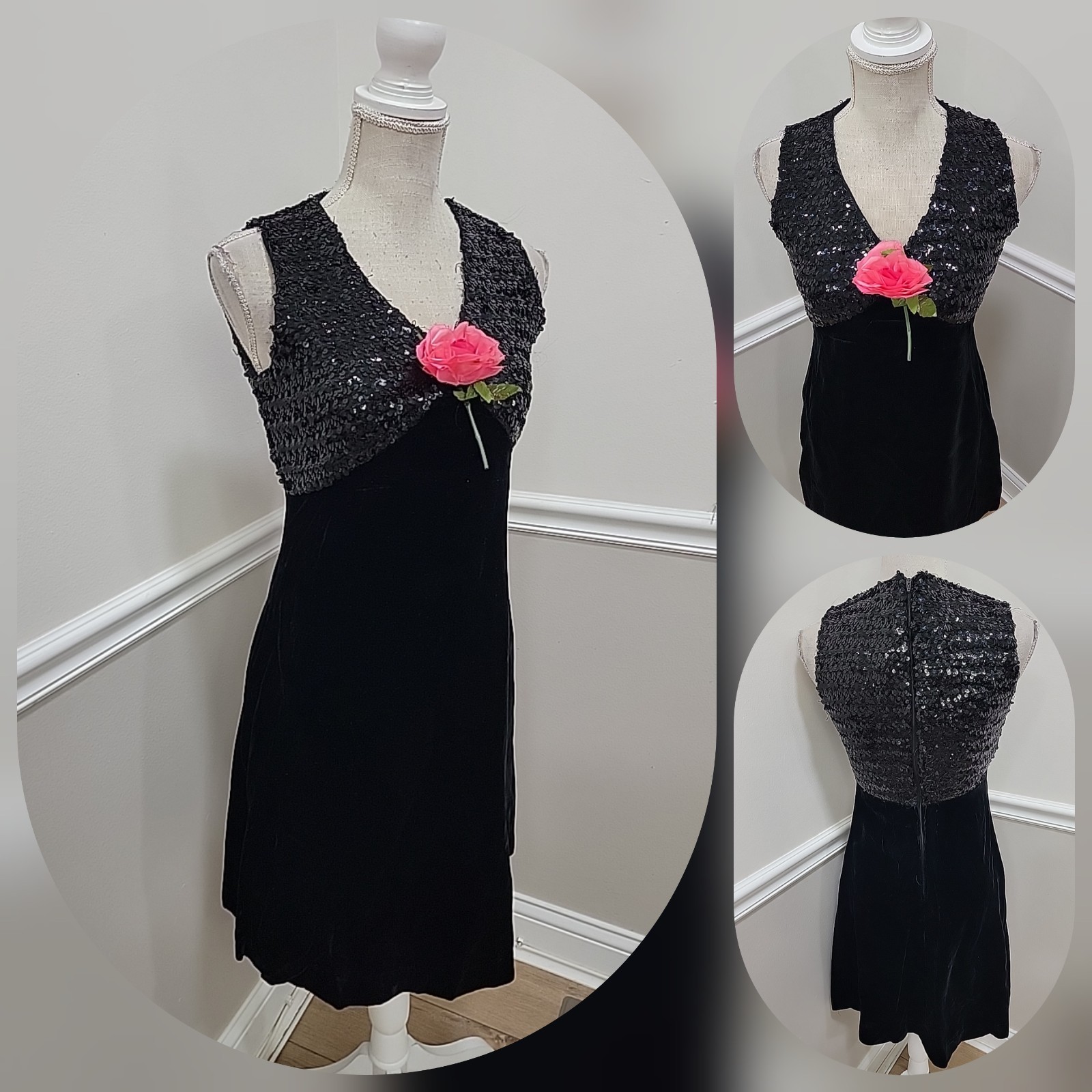 VTG 60s The Kollection Ltd Black Velvet Evening Gown – Sequin Bodice,Mod GoGo