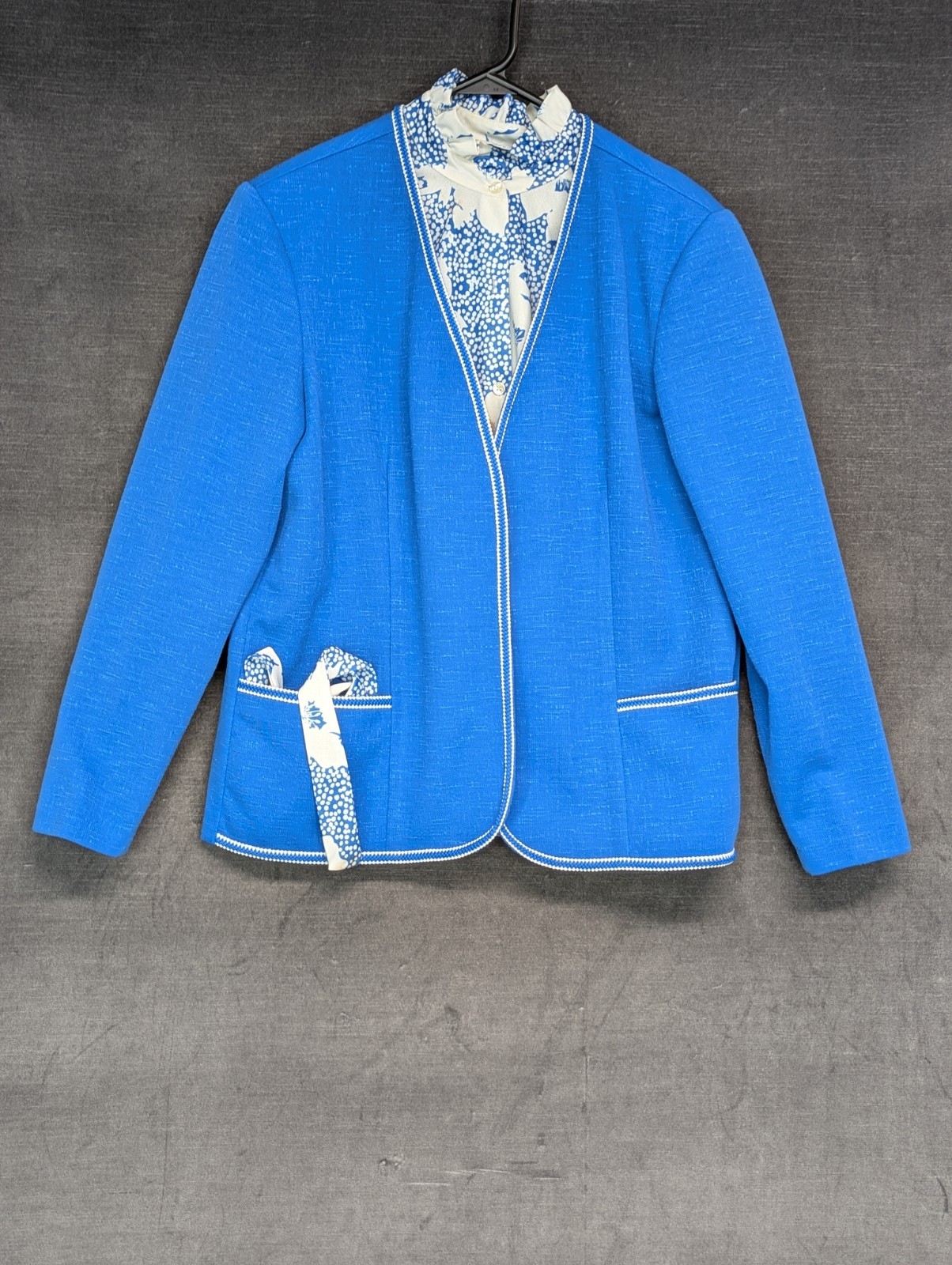 Vtg Cape Cod Match Mates Blue Shirt/Jacket Set Grandma Core Pussycat Bow Coastal