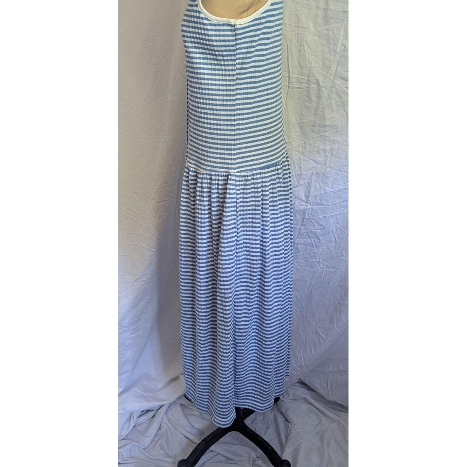 Vtg Blue & White Striped Ribbed Button Front Drop Waist Midi Dress Nautical Sm