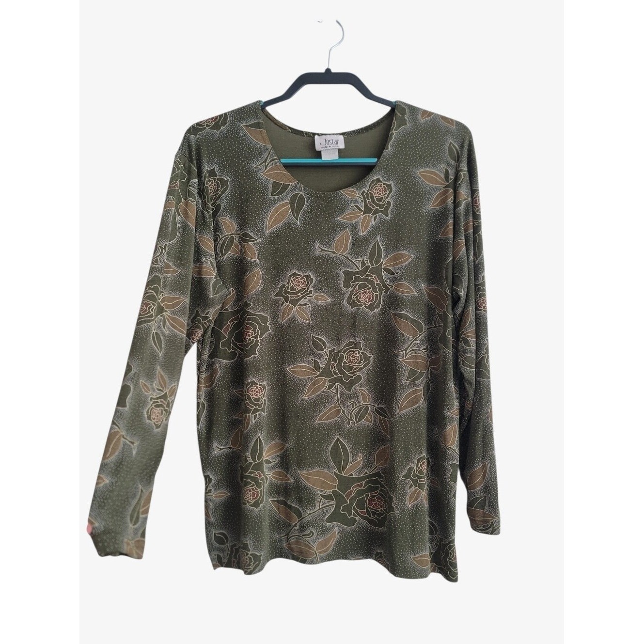 VTG Jostar XL Floral Y2K Slinky Knit Long Sleeve Shirt Top Olive Green USA