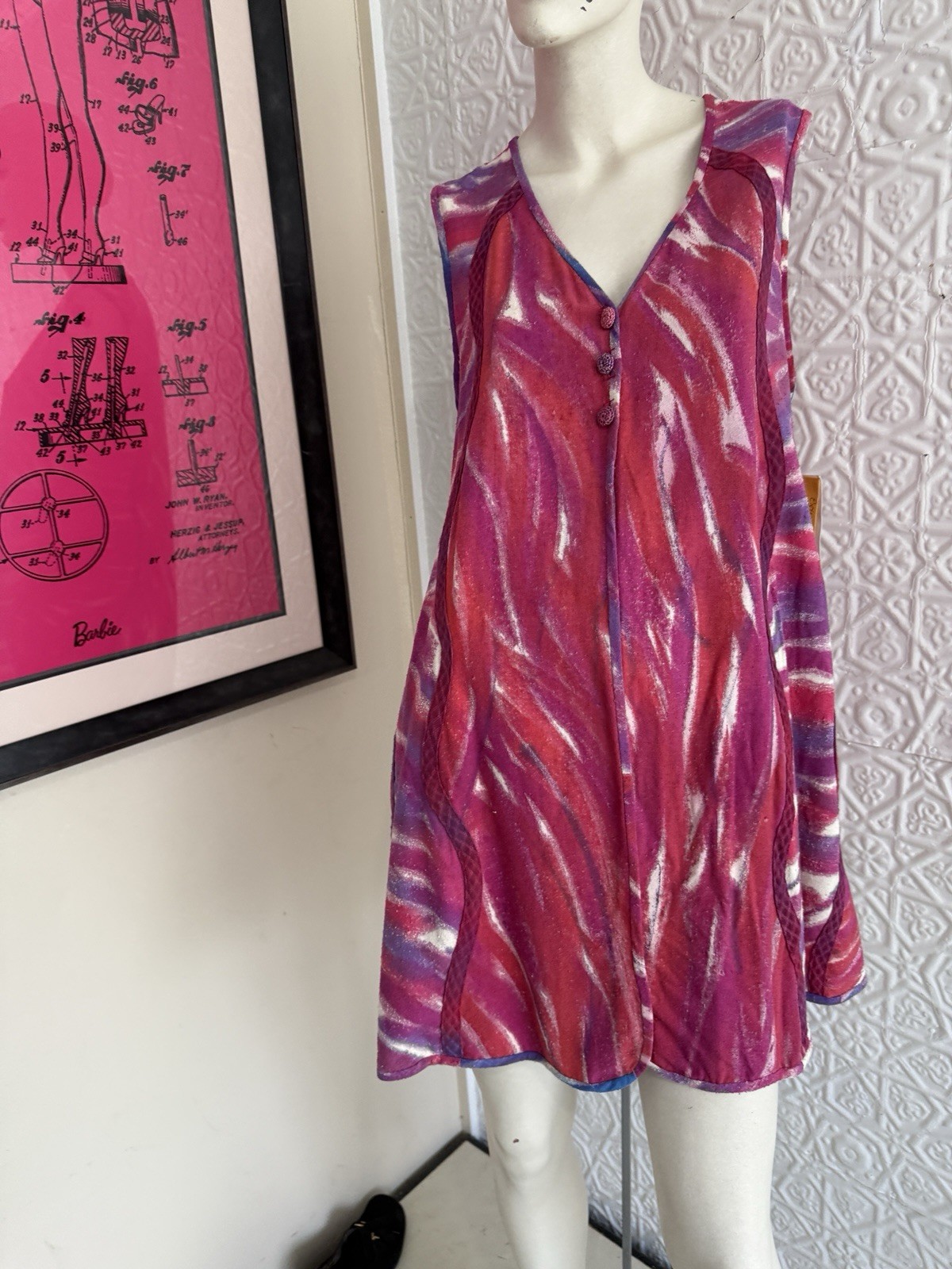 vintage 1990s art 2 wear hand painted pink raw silk vest-Waistcoat-Over dress-
