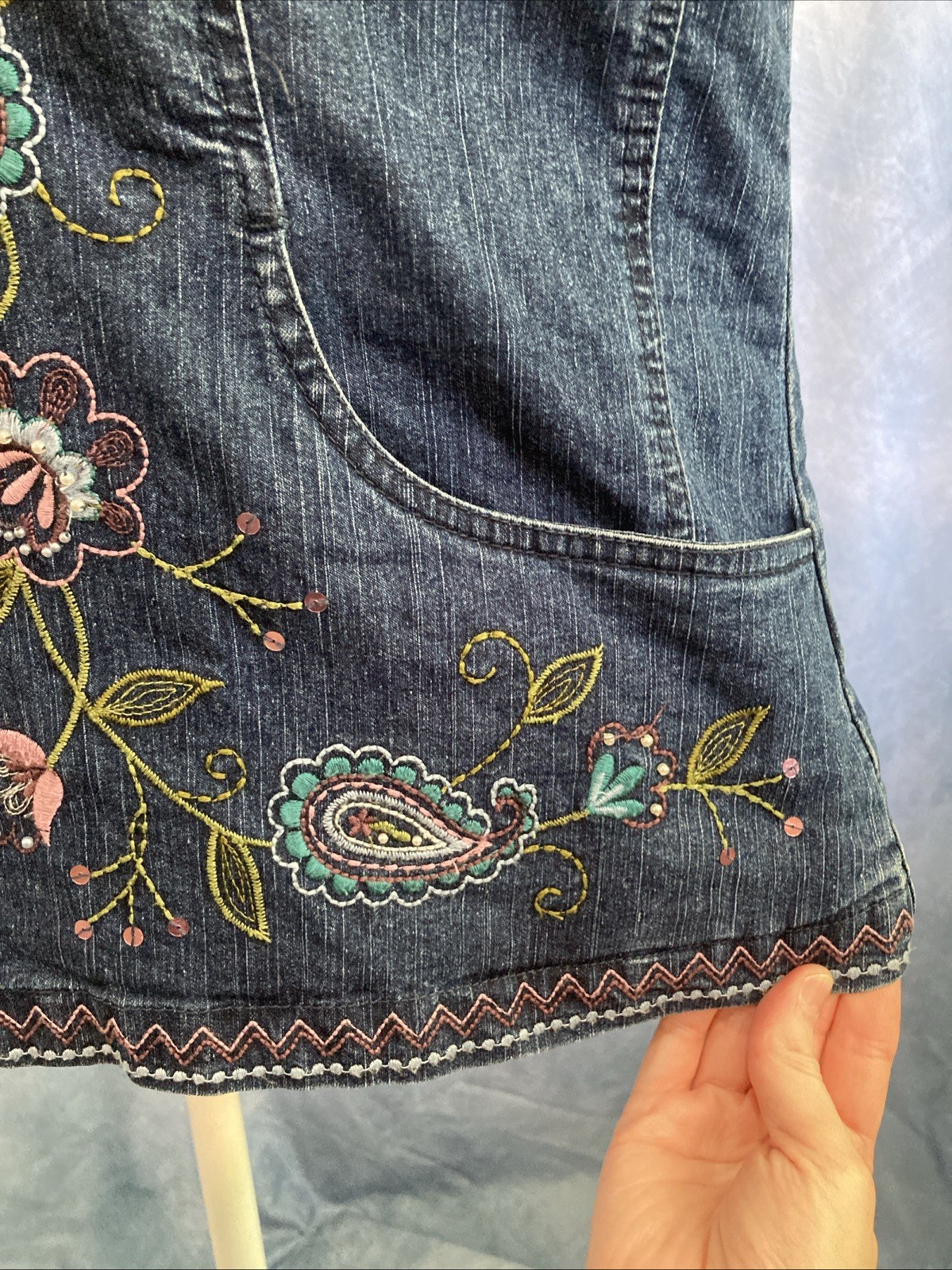 Vtg 90s Y2K Alfred Dunner Embroidered Denim Vest Granny Cottagecore Floral Sz 8
