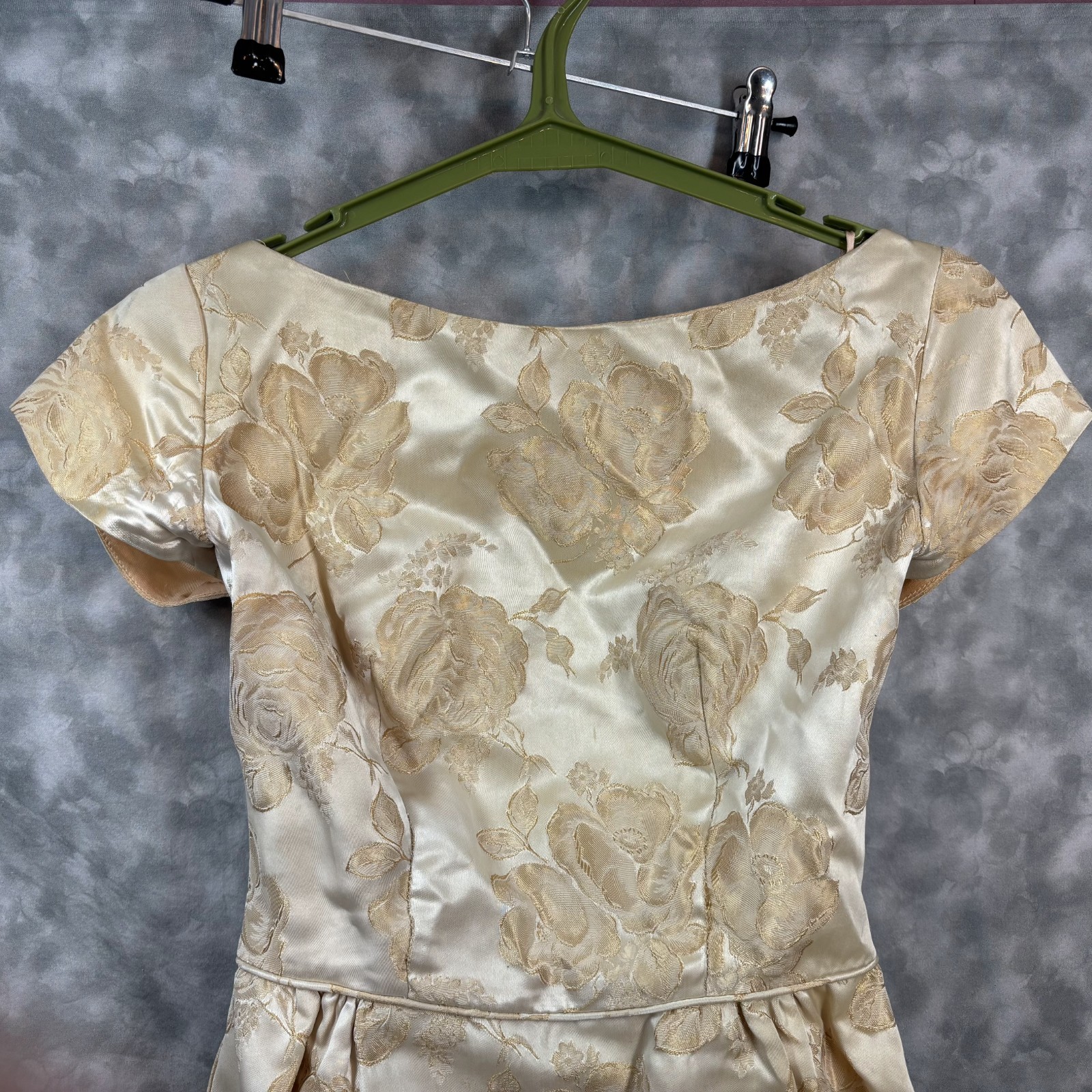 1950s Vtg Satin Brocade Formal Gown XS Champagne Rosette Waist Hand Made