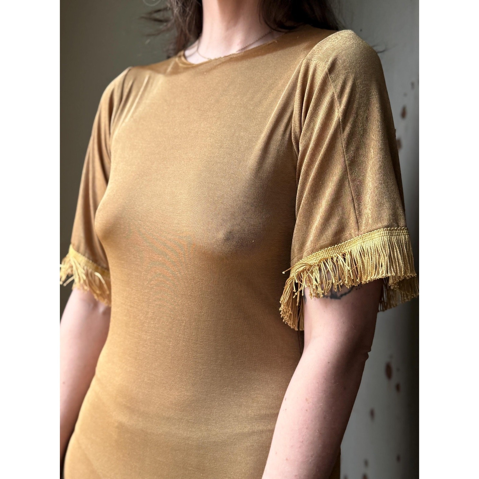 Vintage 70s Metallic Fringe Dress | Disco Cowgirl Knit Mini | Studio 54 | Size M