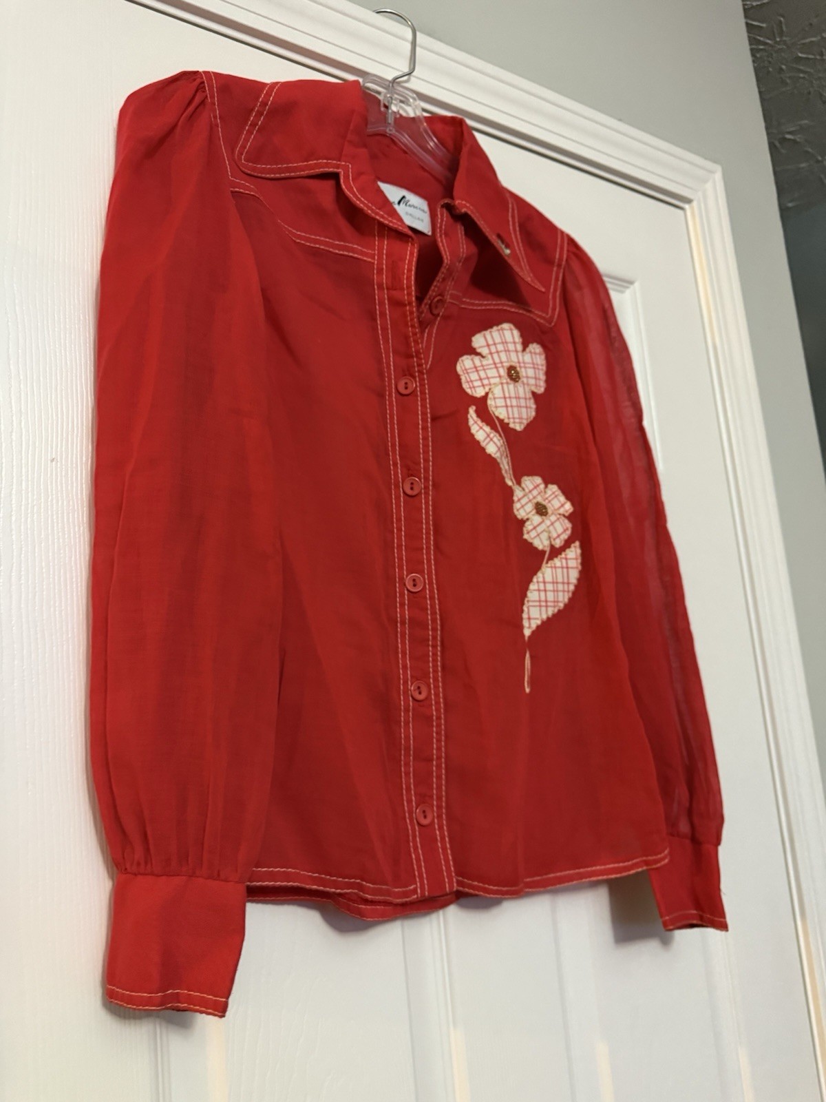 Vintage Blouse Herman Marcus Dallas Red Boho Flower Appliqué Cotton 14 Button