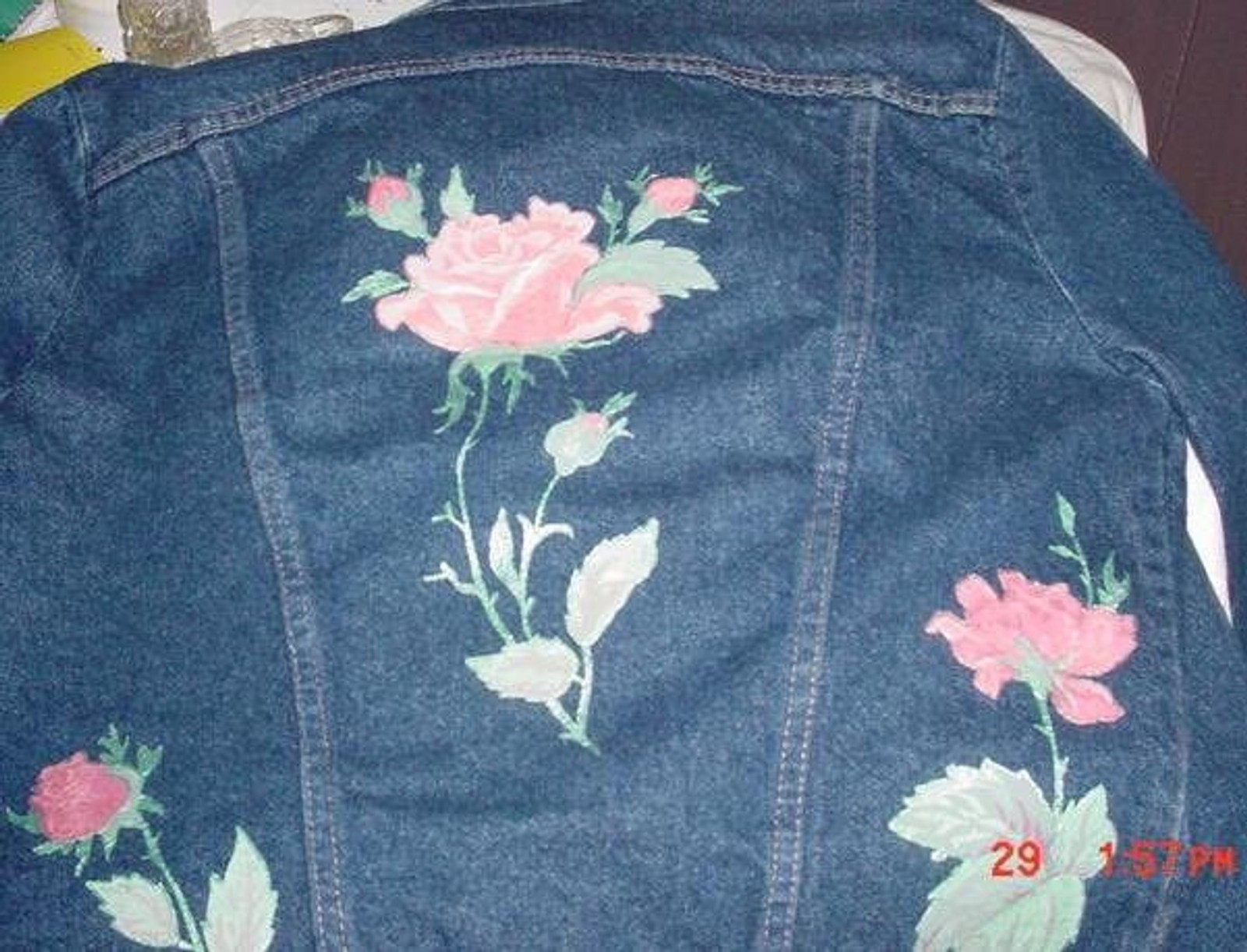 Denim Jacket Rose Appliques Awesome Prairie Chic Look