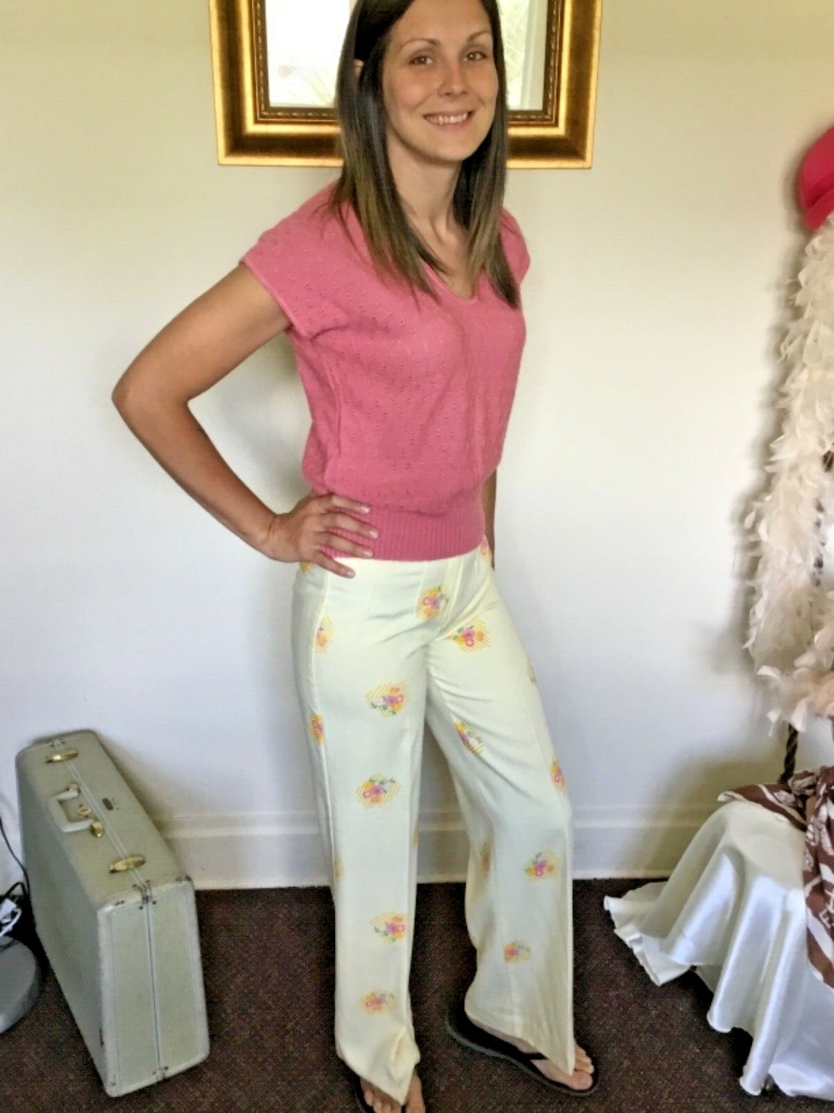 70’s Vintage Yellow Hippie Pink Floral Hi-Waist Bell Bottom Pants