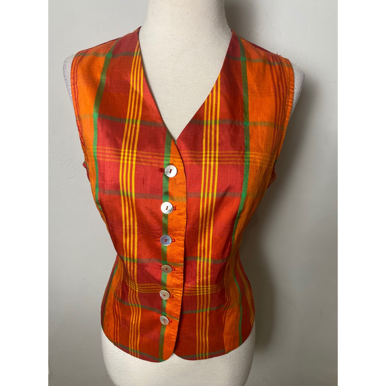 Vintage 90s Silk Plaid Vest Orange Red Yellow Green Button Front Fall Colors
