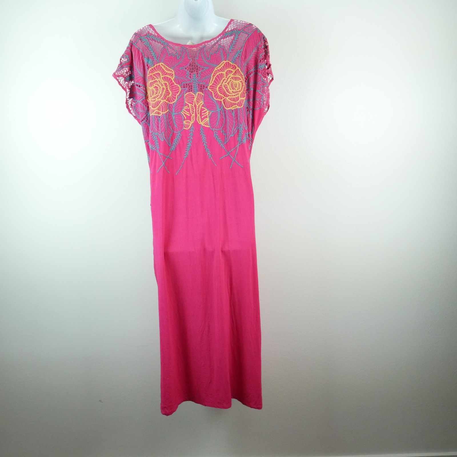 Vintage 80s Pink Floral Embroidered Crochet Maxi Dress Fairy Resort Beach S M