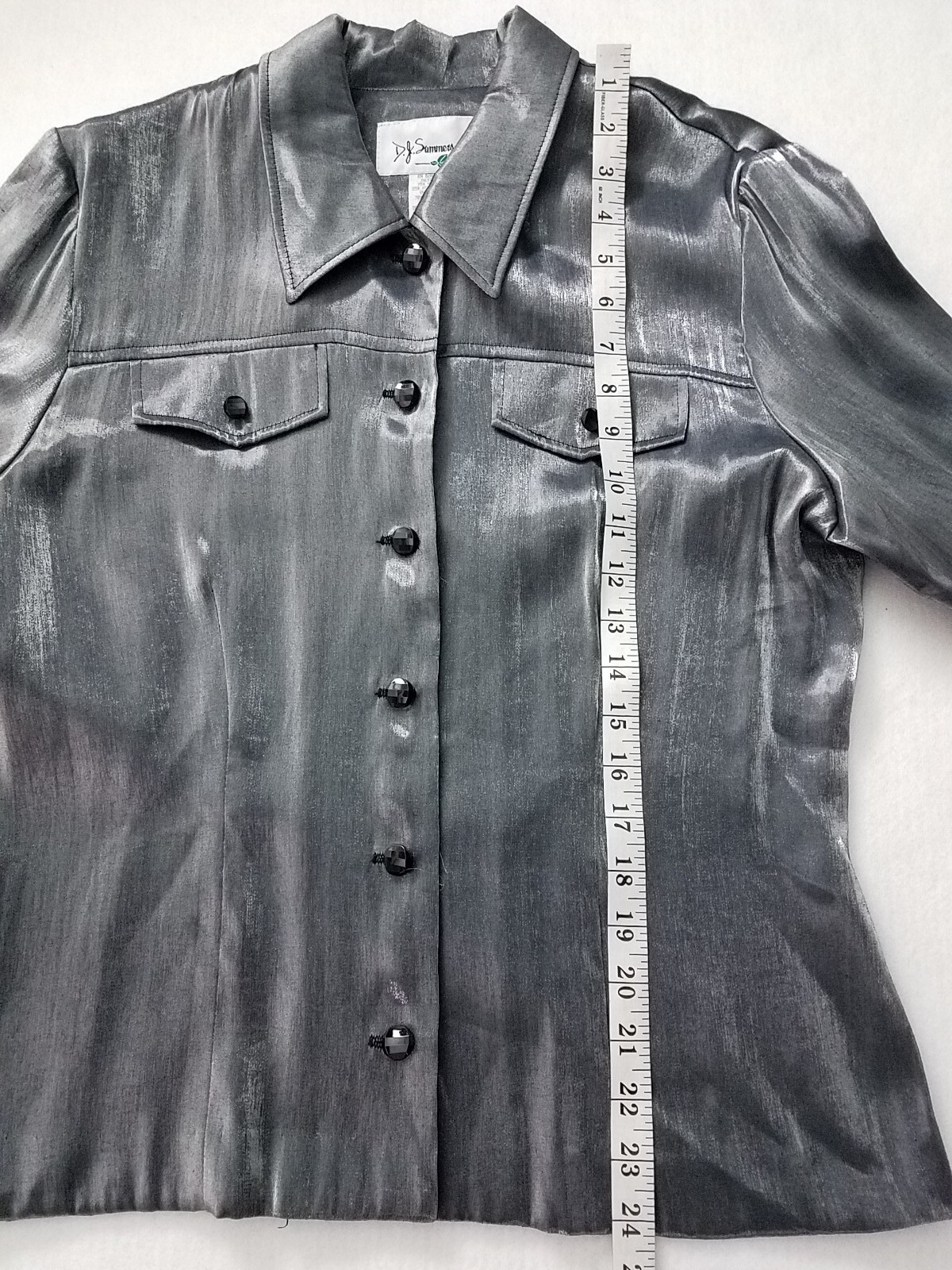 D.J. SUMMERS Disco 80’s Women’s Sz 12 Shirt Gray Shiny Satin Collar Buttons USA