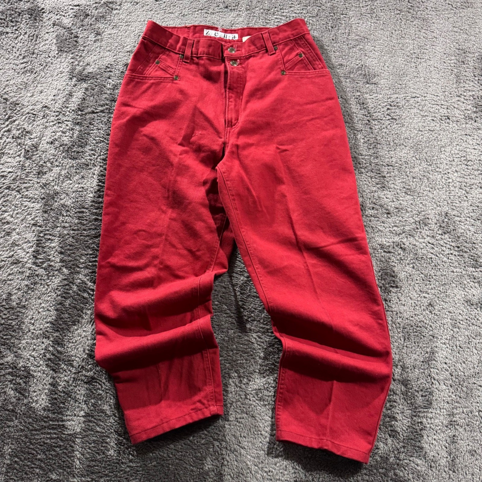 Zena Jeans Red High Waisted Tapered Leg Denim Pants Made in USA Size 12 30 Waist