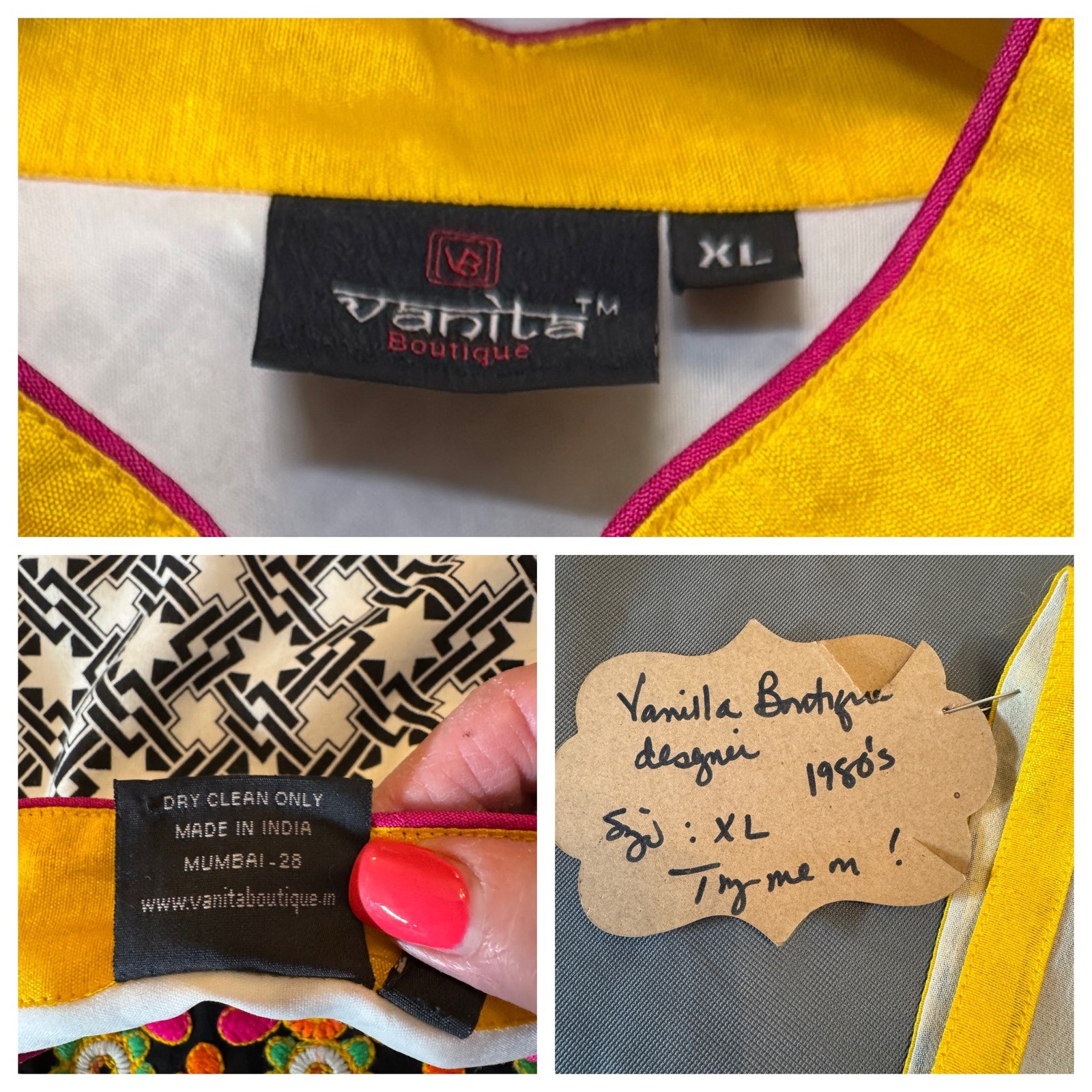 Vanita Boutique Kurta Tunic Dress XL Striped Yellow Embroidered Vtg 80s Festive