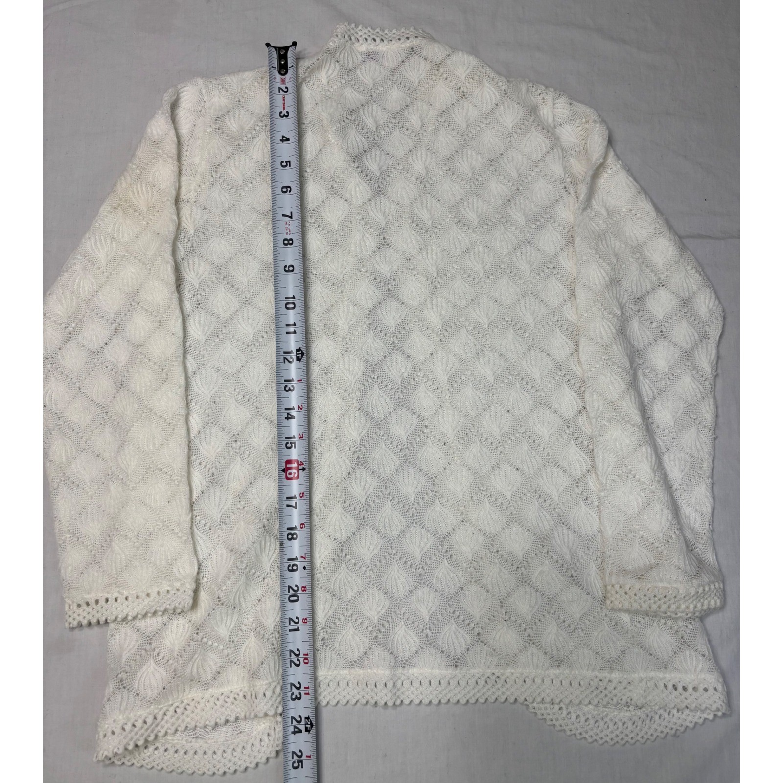 Vintage Barbara Lee White Pointelle Knit Cardigan Open Front Lace Trim Japan