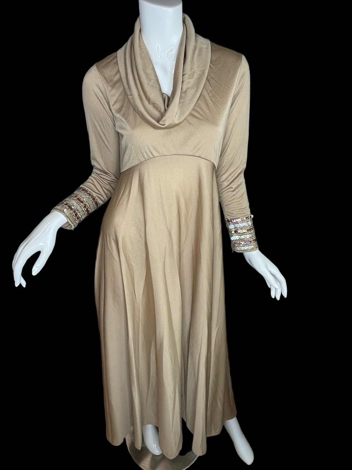 Vintage Kay Kipps 70’s Gown Nude Cafe au Lait Sequins Cowl Neck Maxi Dress