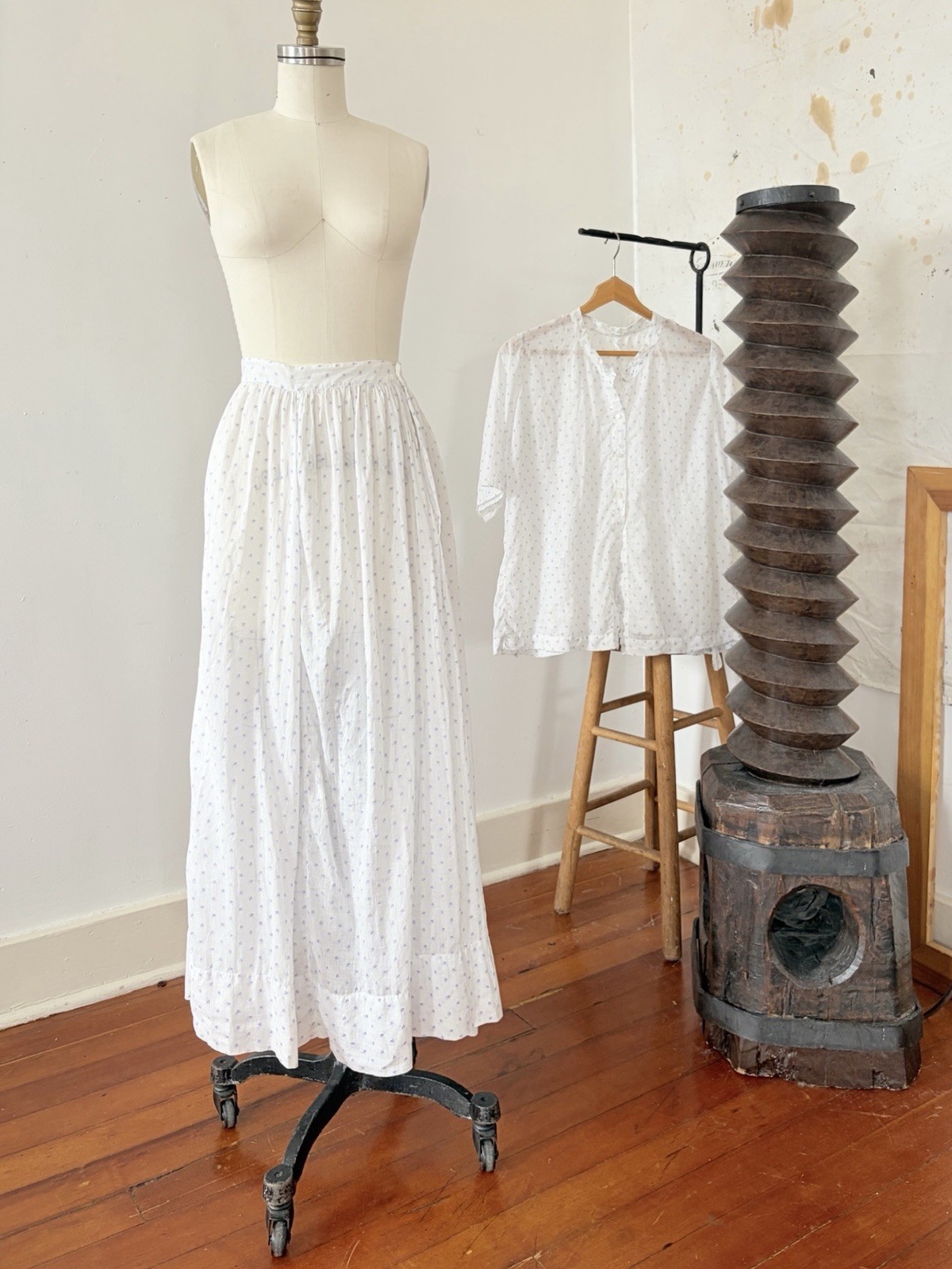 Antique Edwardian Sheer Lavender Sprig Print Cotton 2 Pc. Dress/Skirt Set 1920s