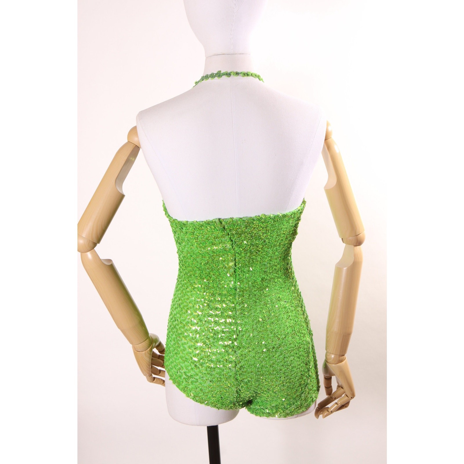1960s Green One Piece Stretchy Sequin Halter Neck Burlesque Showgirl Costume