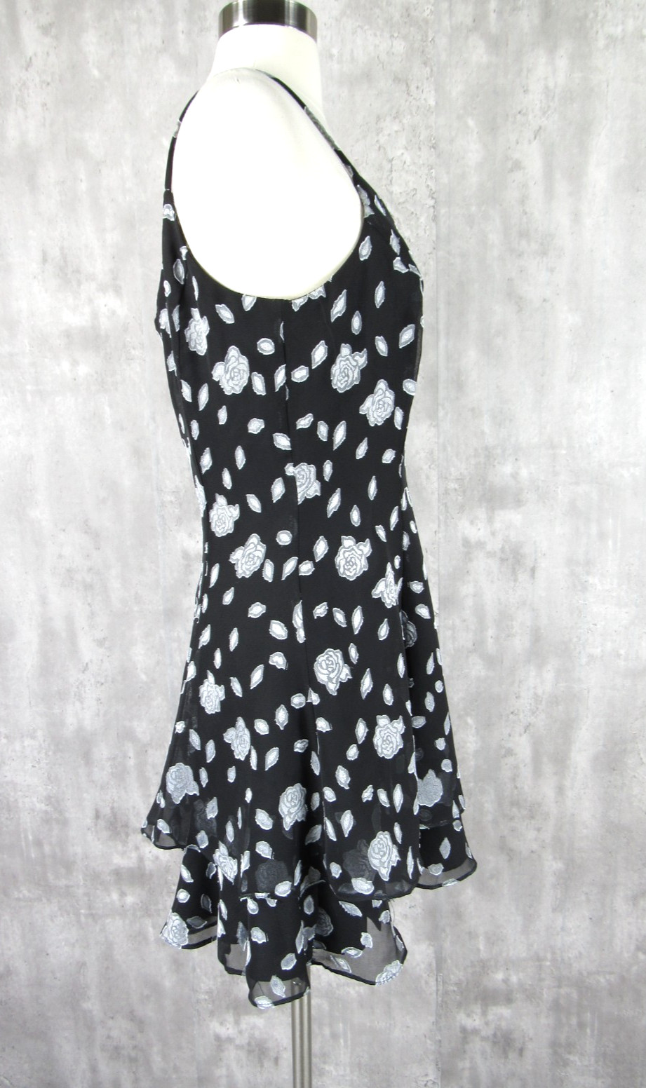 Vintage 90s Rampage Black Silver Mini Slip Skater Dress Y2K Tiered Hem S/M