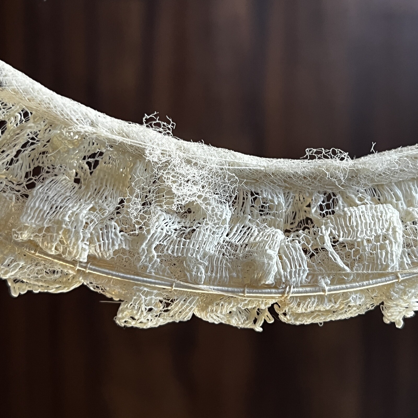 Vintage 1940s Ecru Lace + Pearl Bridal Halo Art Deco Headpiece Crescent Crown