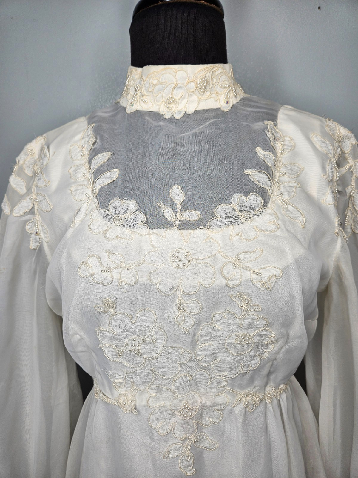 Vintage 70s Wedding Dress Ivory High Neck Prairie Boho Victorian Balloon Sleeves
