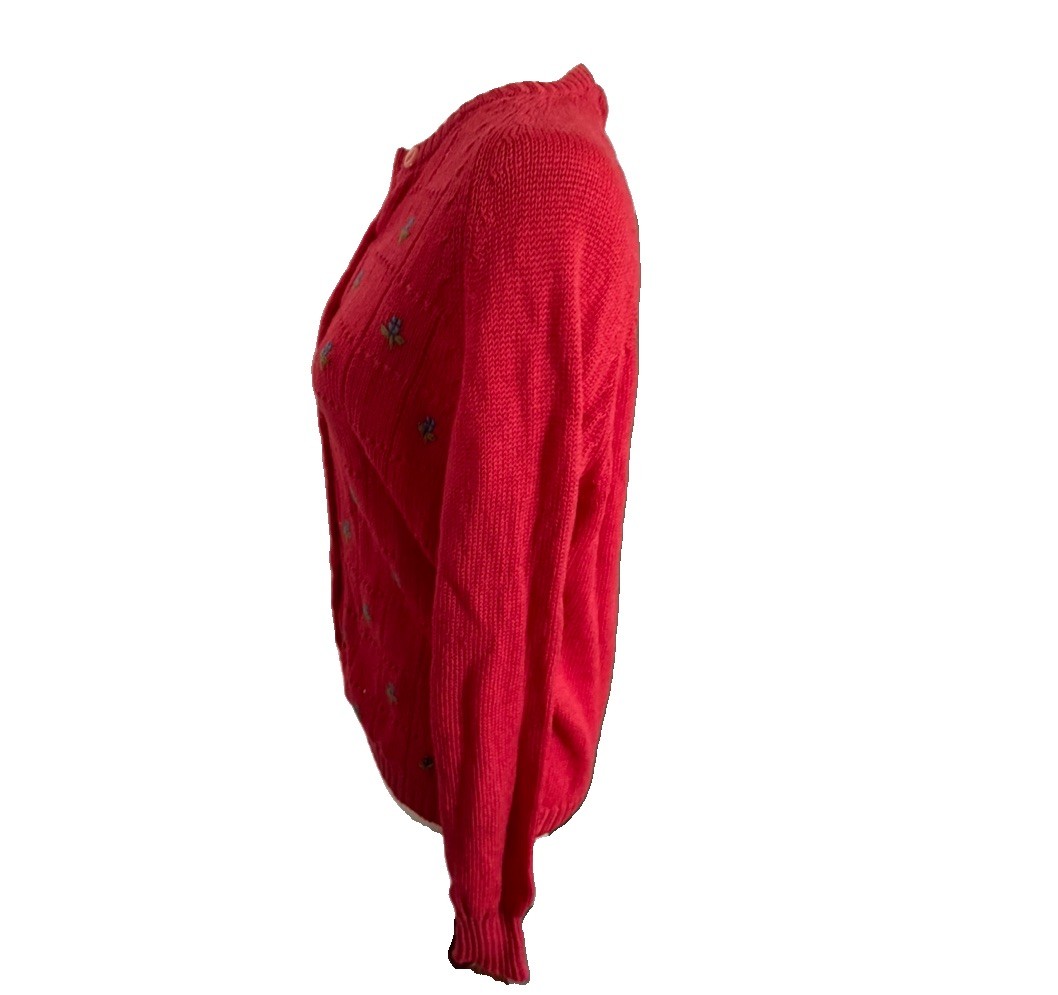 90s Vintage Embroidered Virgin Wool Floral Cardigan Red Large Cottage Grandma