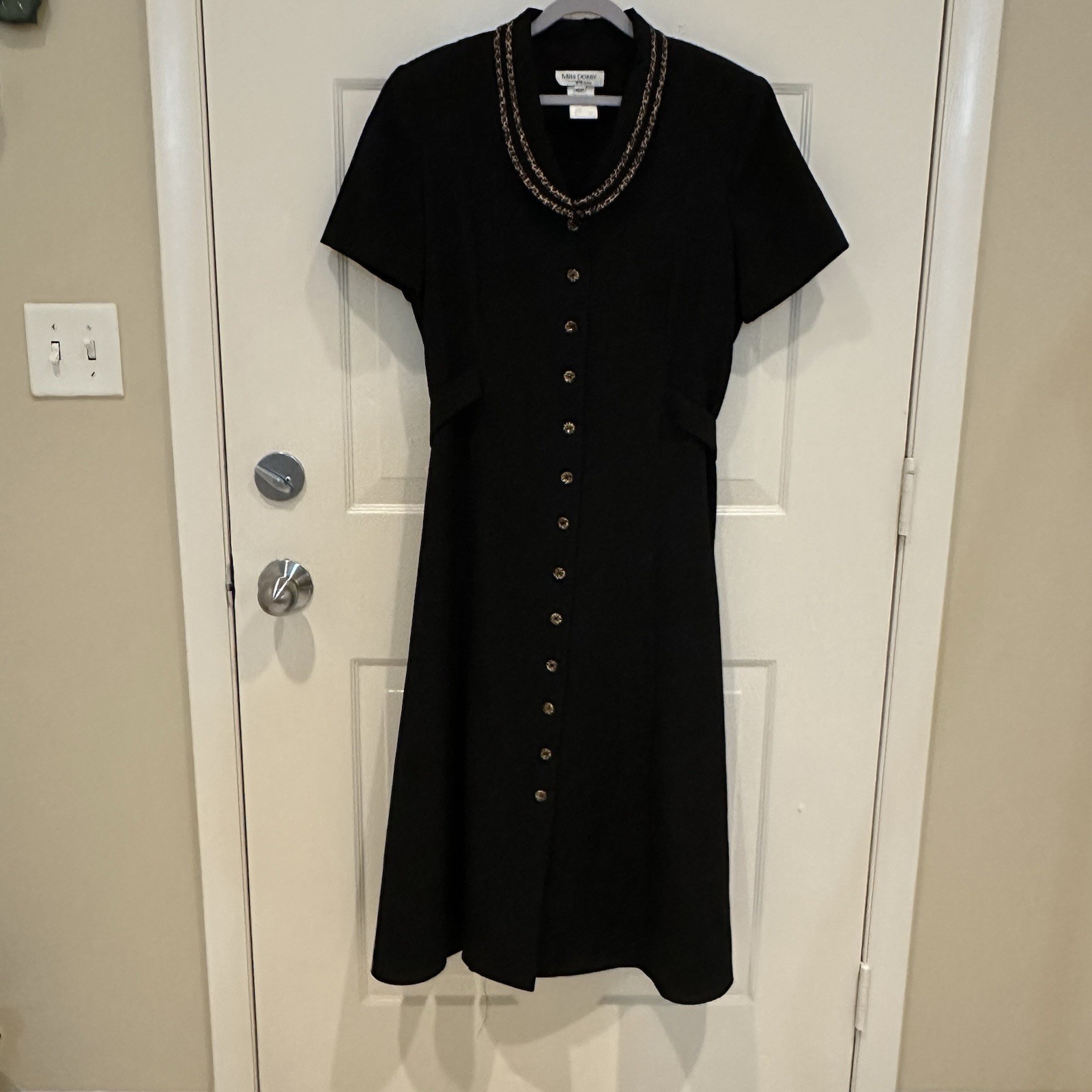 Vintage 90s Miss Dorby petite long black collared dress size 16P Cottagecore