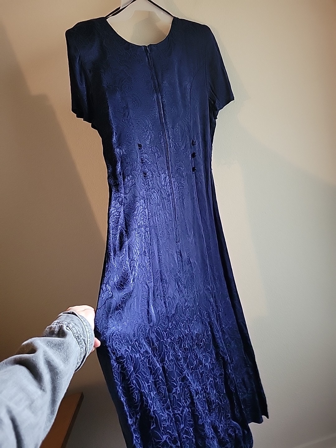 Vtg Frederick Of Hollywood By Jody Cold Rayon Rose Dress 11/12 USA Made Navy Blu