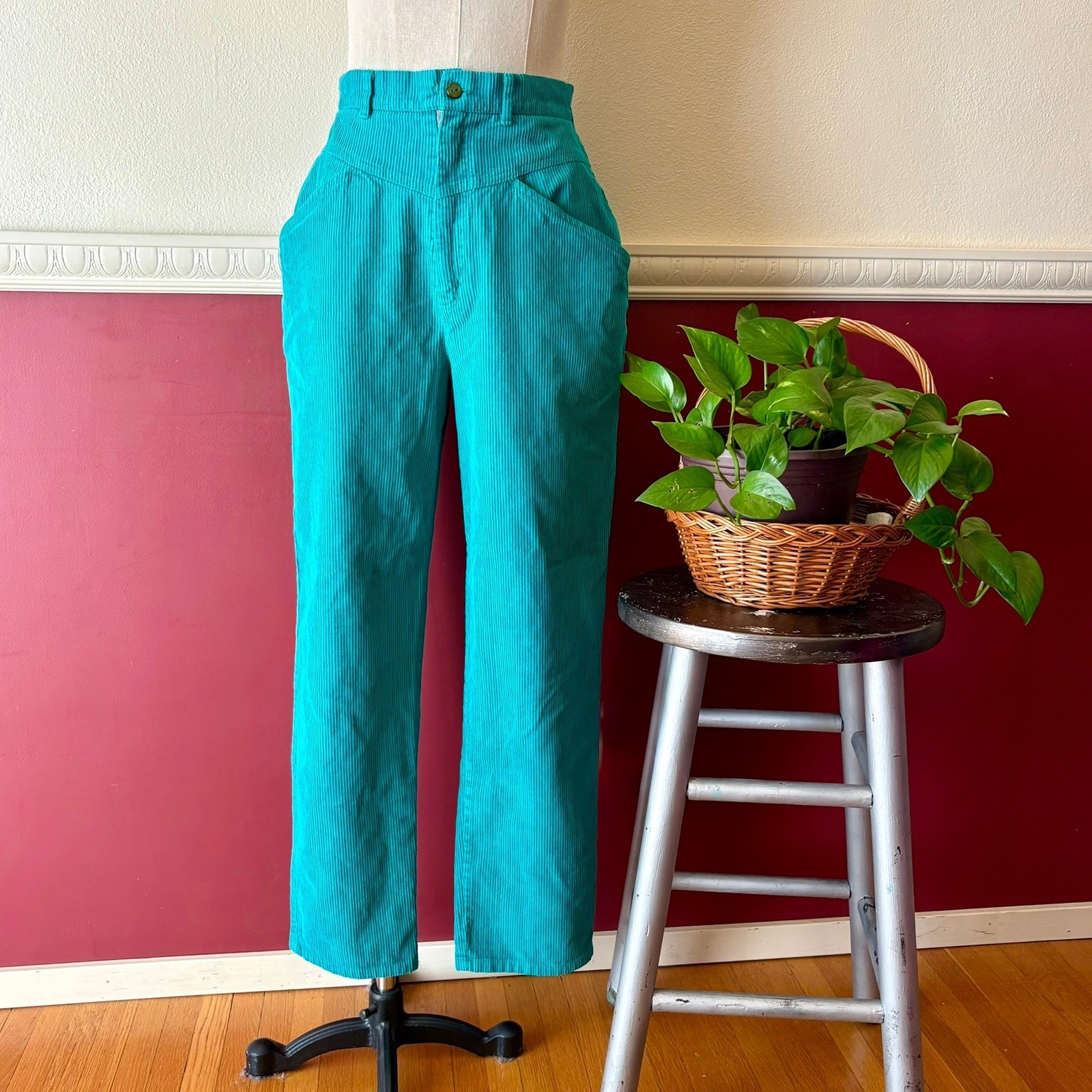 Vintage 80s Boundary Waters Teal Corduroy High Rise Western Yoke Pants 27″ Waist