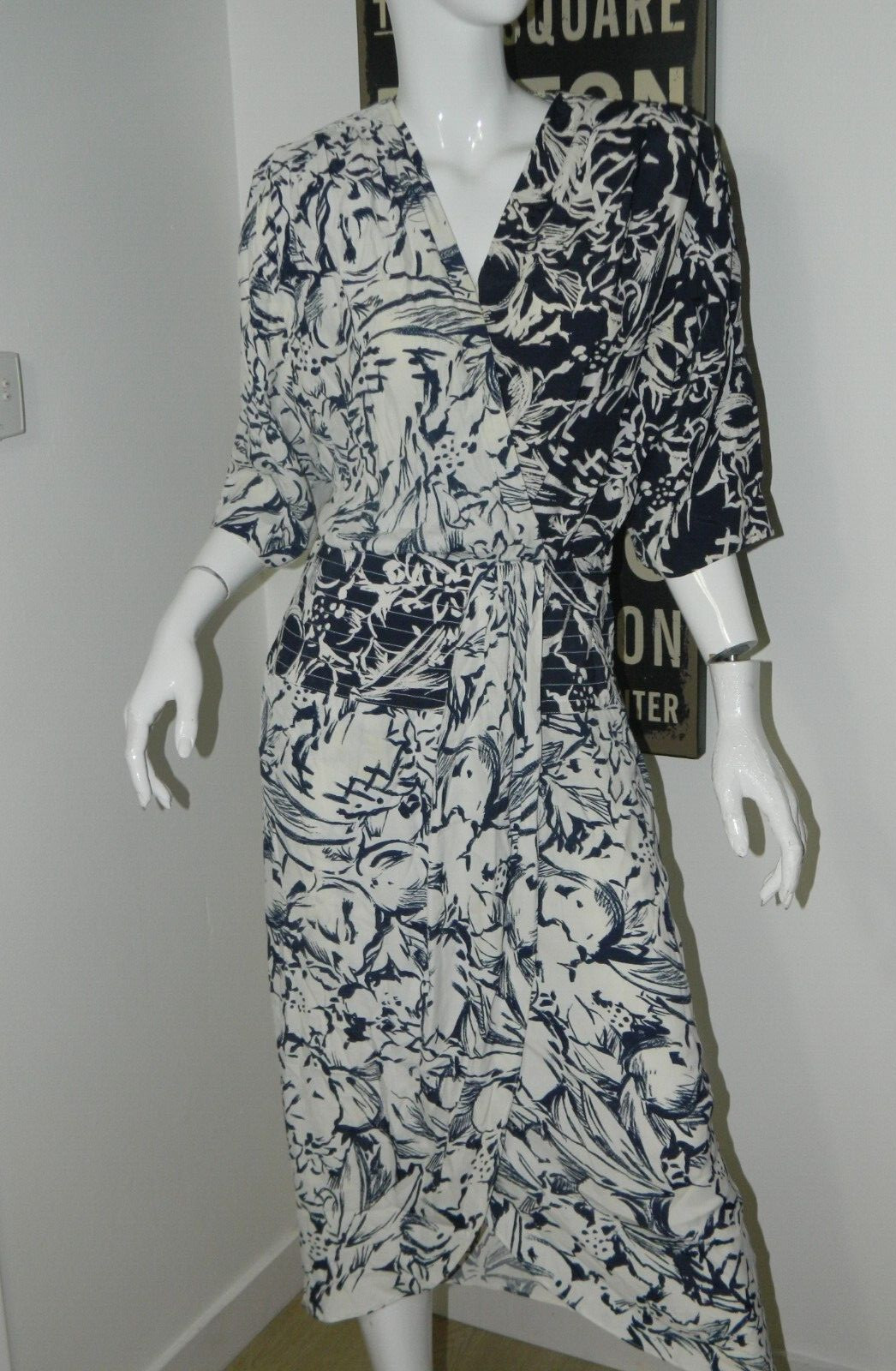 Barbara Barbara Dress Size Large Vintage Blue White 80s Party Faux Wrap Dress