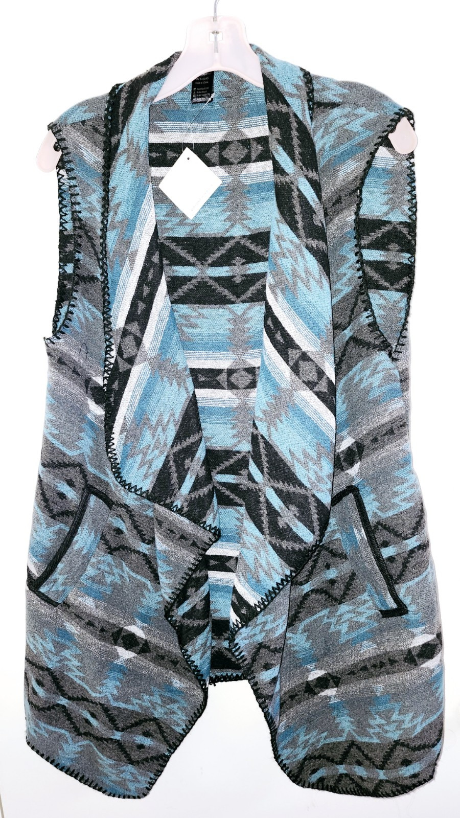 Blue New L.I.B Southwest Country Western Native Blanket Open Front Vest Sz L