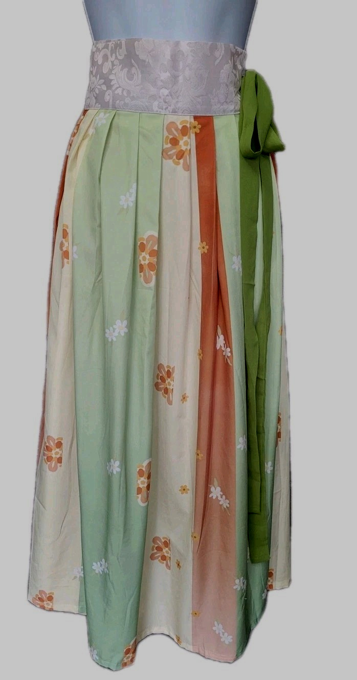 Vintage Maxi Wrap Skirt M Green Brown Beige Floral Ombre Hanfu Style
