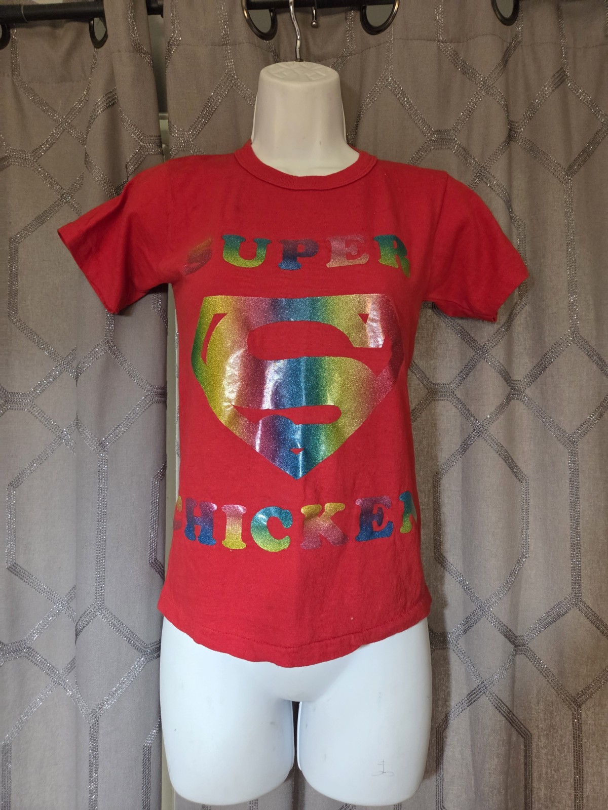 Vintage 70s Red Screen Printed Super Chicken Baby T Shirt S