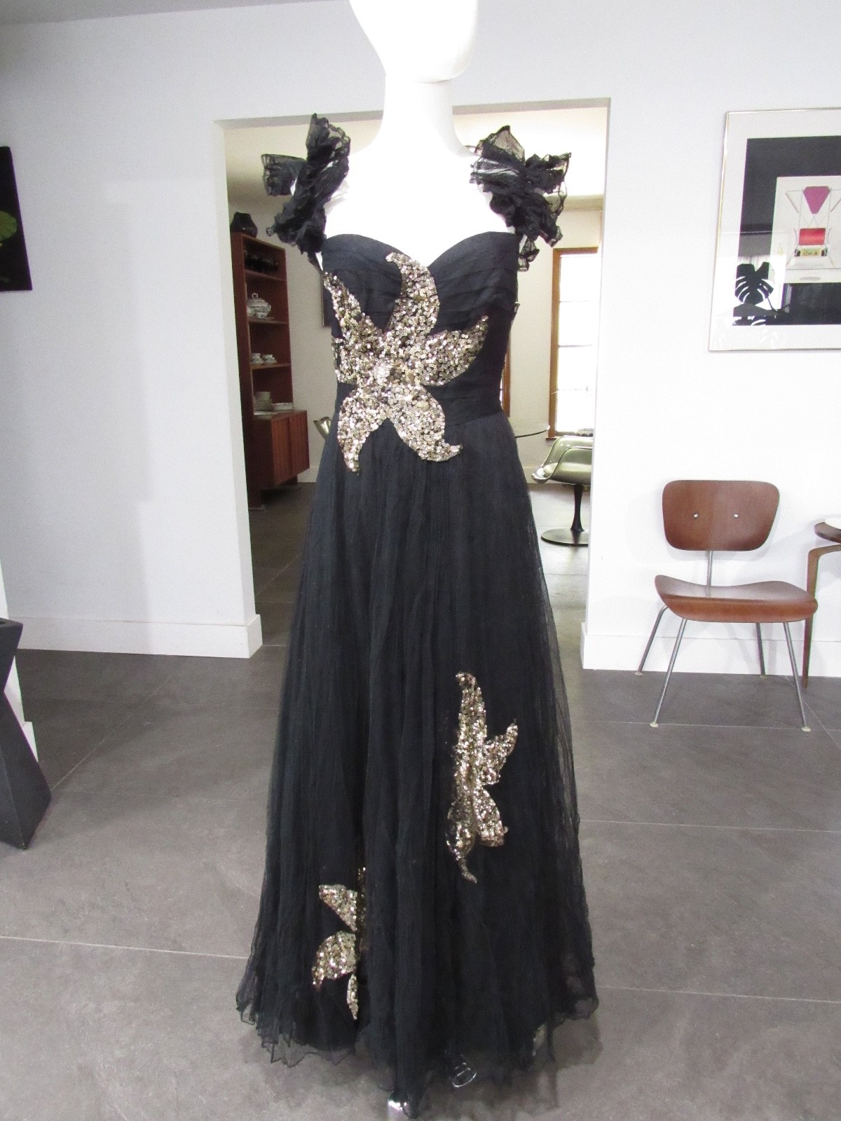 W@W VTG COUTURE 30s 40s formal dress tulle sequins black gold maxi goth witchy M