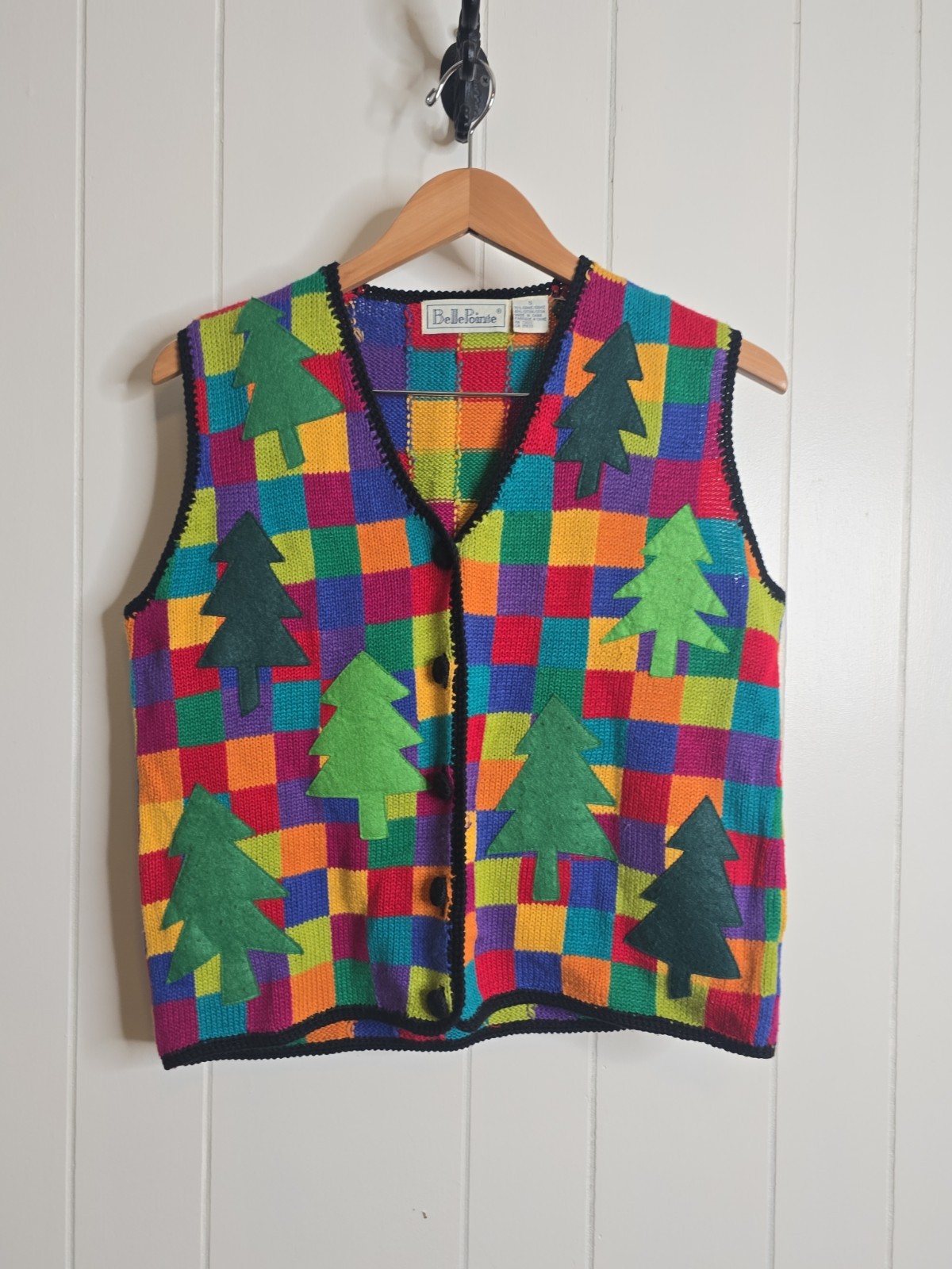 VTG Belle Pointe Trees Colorful Sweater Vest Sz S Hand Sewn Checkered Trim