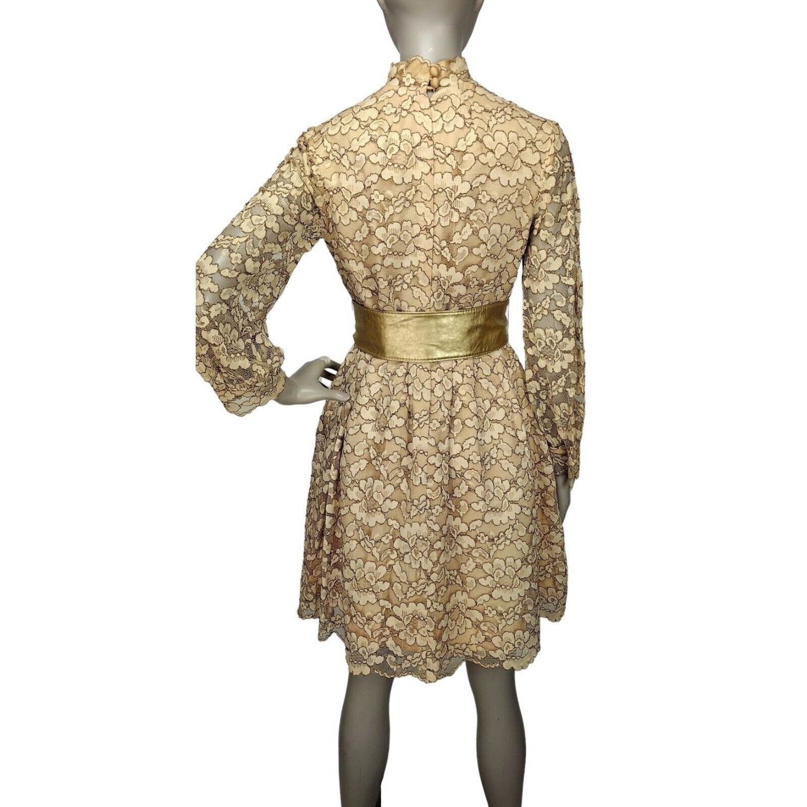 Vintage 60s Beige Gold Floral Lace Scalloped Edge Balloon Sleeve Mini Dress