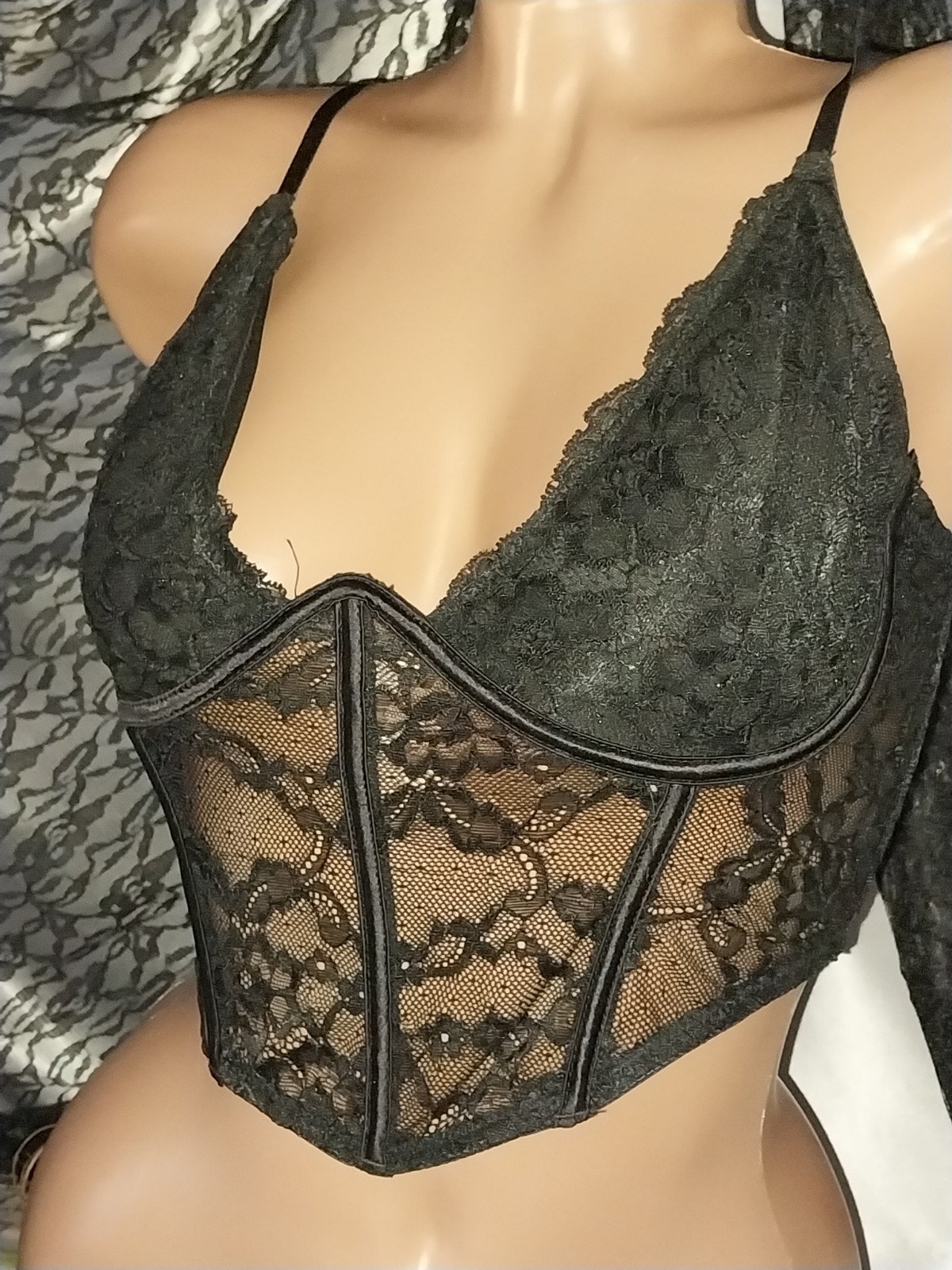 VTG PLUNGE LACE UW BRA CORSET TOP BUSTIER NOS S/P/M sheer blk lacy lace