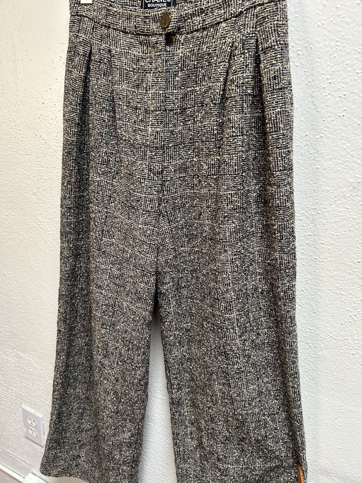 Vintage Chanel Tweed Wide Leg Trousers Wool Blend Silk Lining