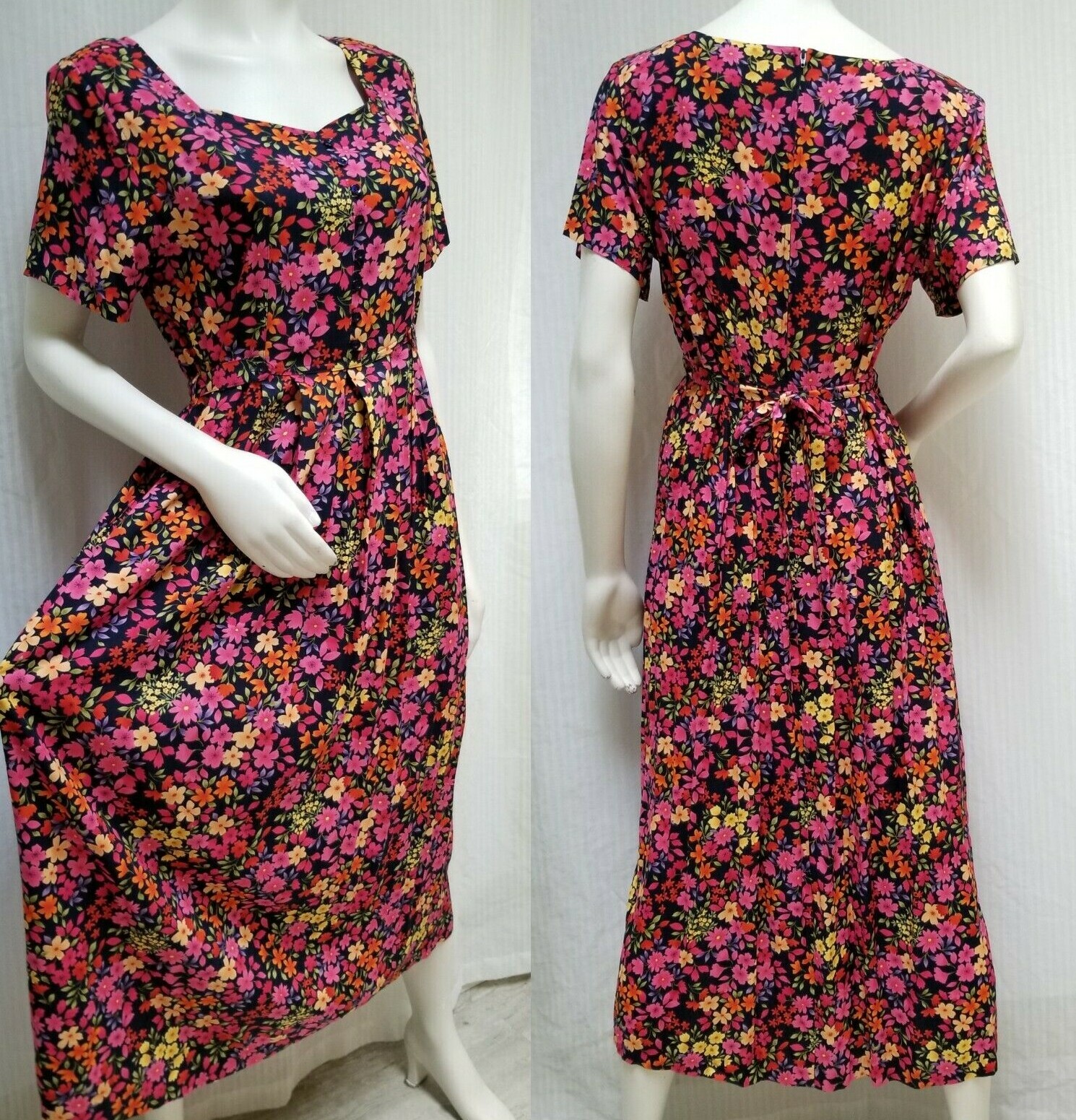 NWOT 90’s Vintage Erika Floral Rayon PRAIRIE MIDI Milkmaid DRESS Tie Back-Size M