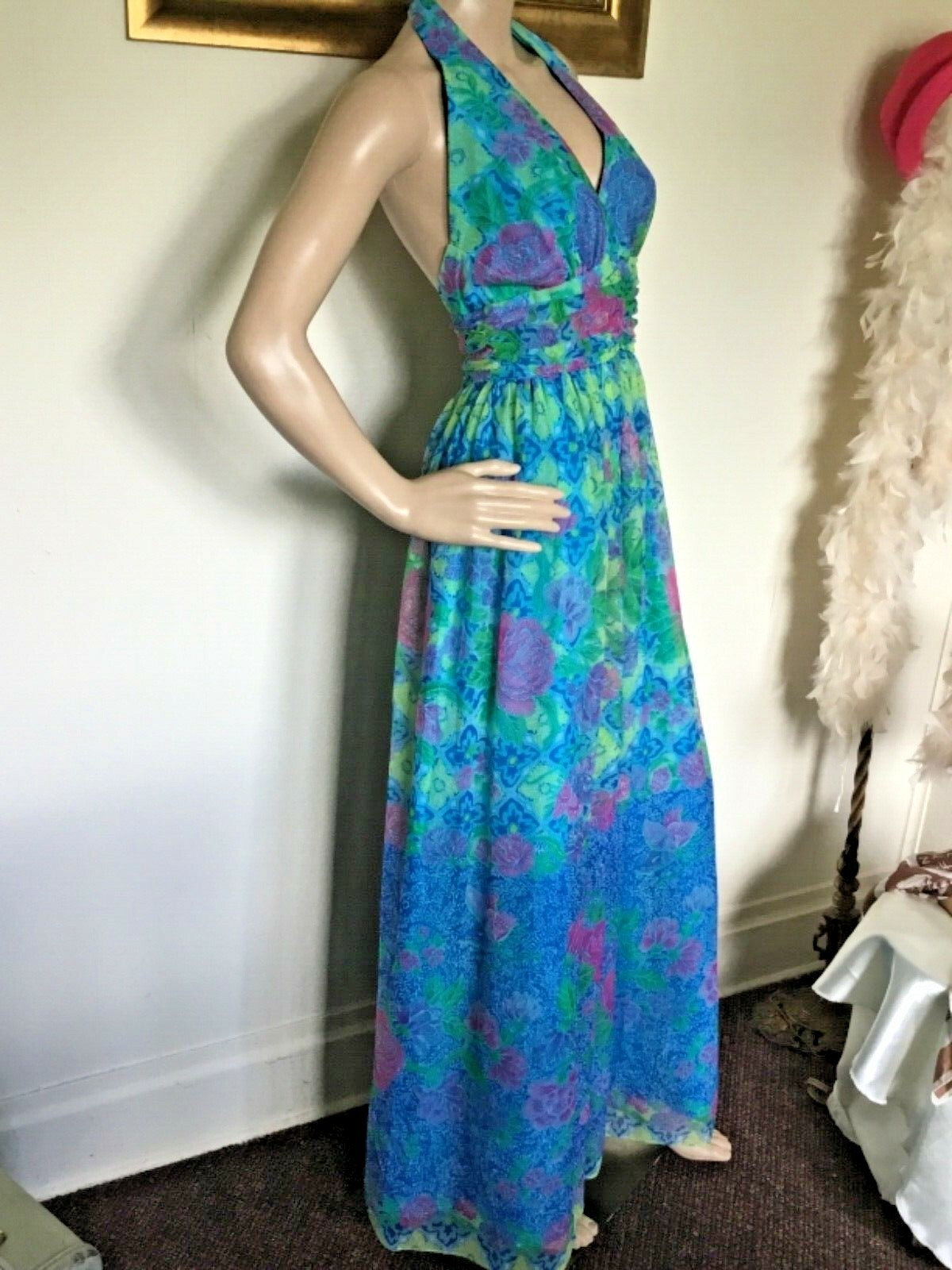 70’s Vintage Blue Neon Yellow/Pink Floral Sexy Halter Top Maxi Dress