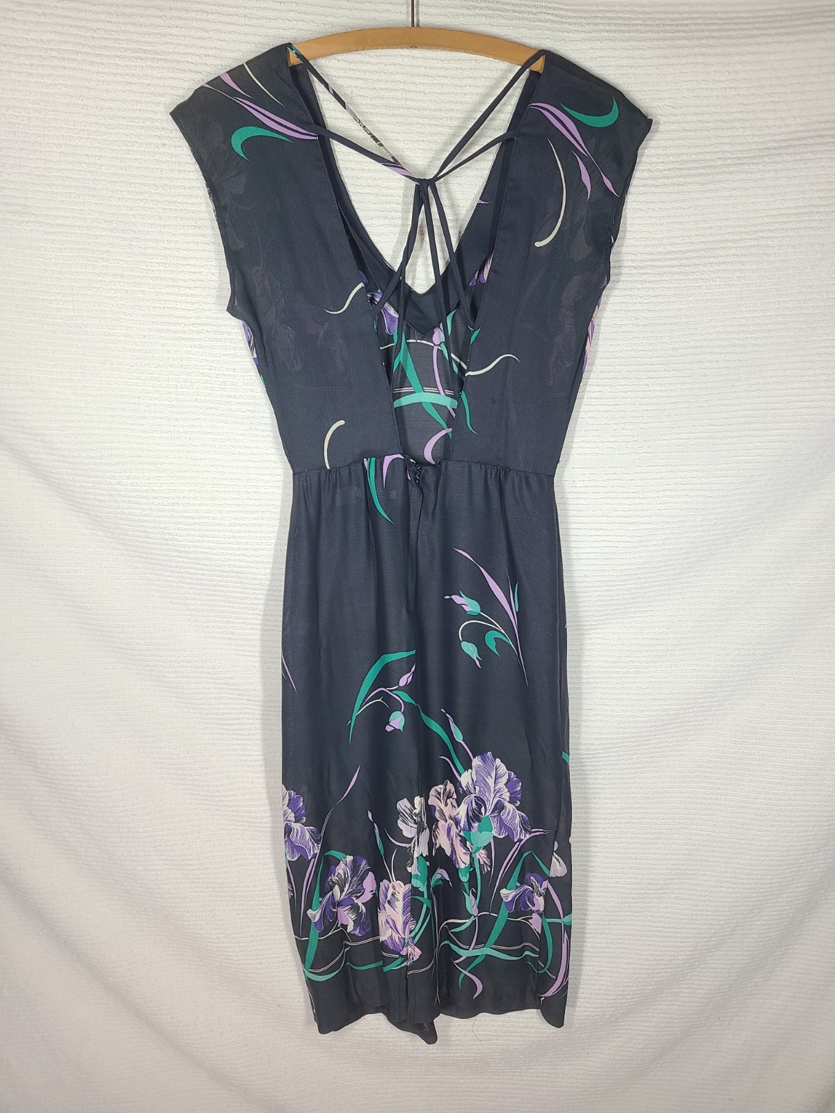 1970s Black Iris Dress Strappy Back Disco Rayon Crepe Malibu Media Vintage Rare