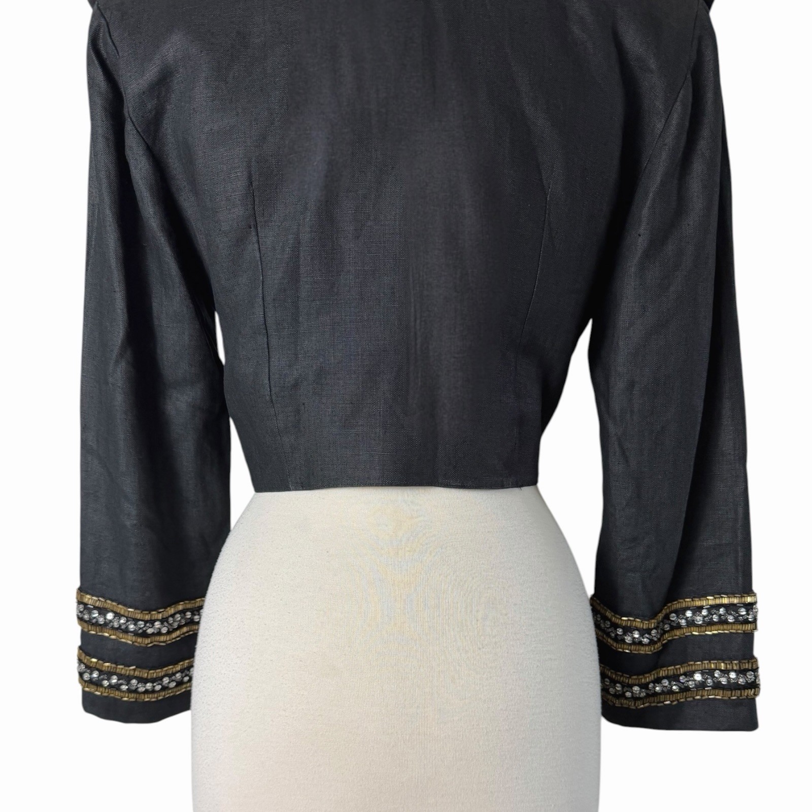 Vintage Pia Rucci Black Linen Cropped Spencer Jacket Military Beaded Blazer Sz 6
