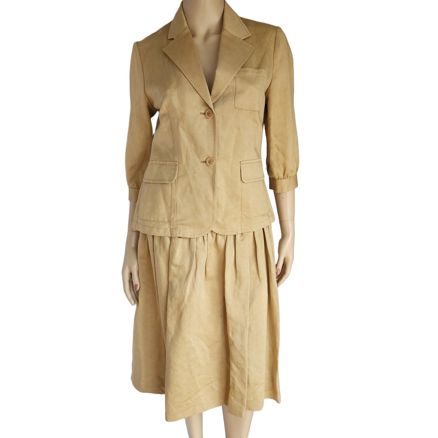 Armand Basi Vintage Linen Cotton Skirt Suit Tan Khaki Made in Spain Size 40 S 6