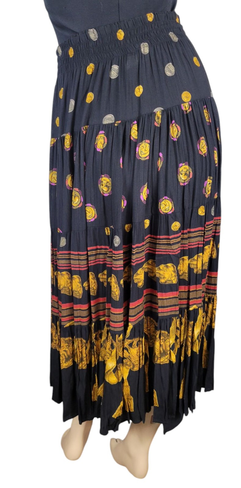 Vtg CL Carole Little Black Gold Tassel Etruscan Revival Gauze Skirt Top Set 8/10