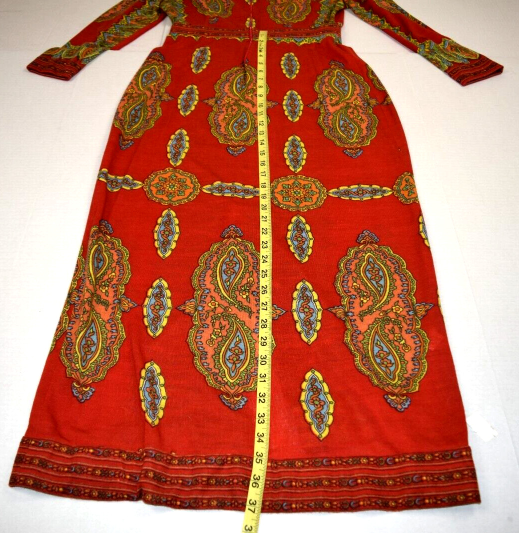 Vintage Maxi Dress Maurice Siz S/M 60s Rusty Orange Kaleidoscopic Print Back Zip