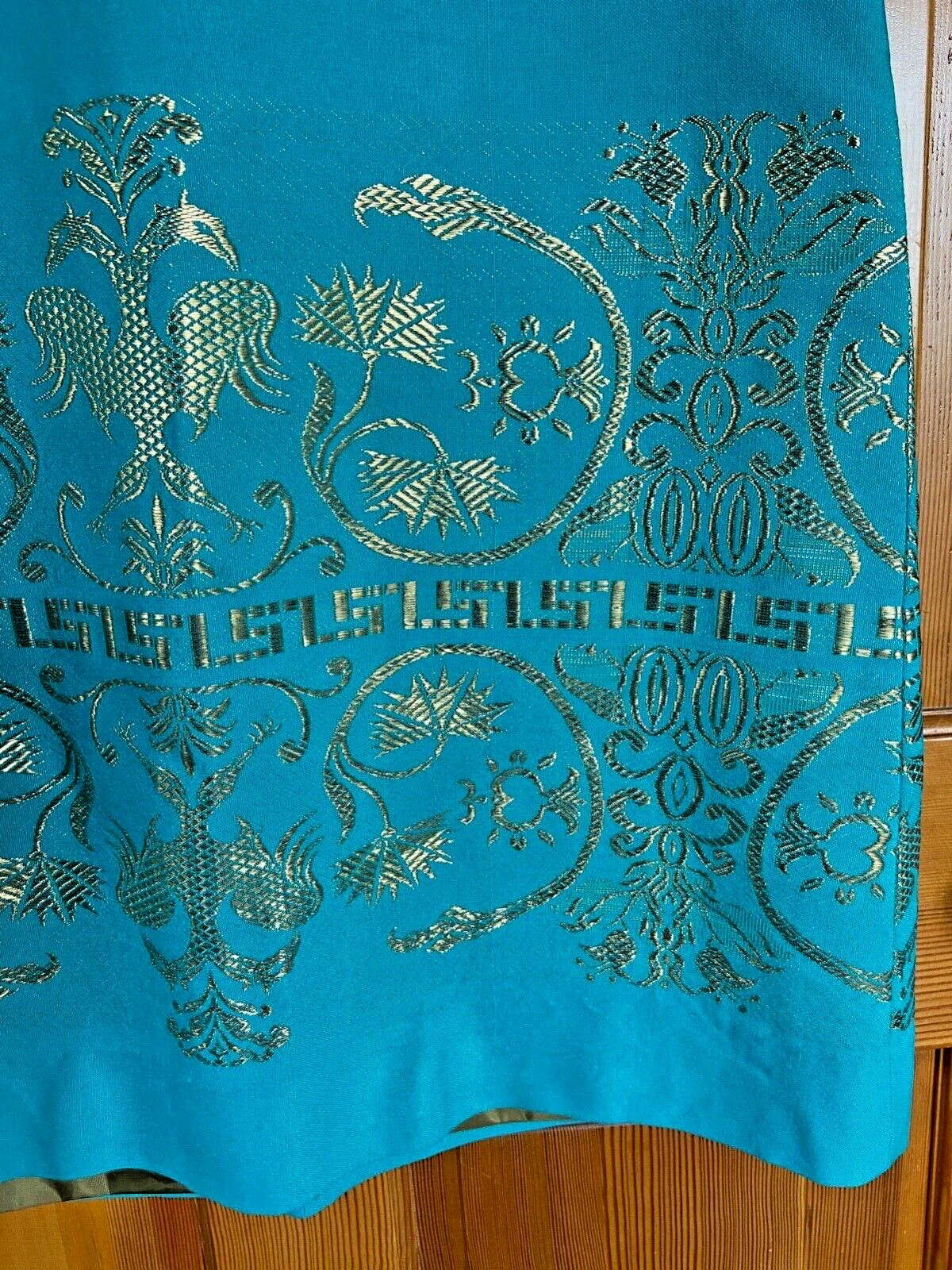 Vintage 60’s Turquoise Mod Shift Dress, Women’s 8-10 Gold embroidery GoGo