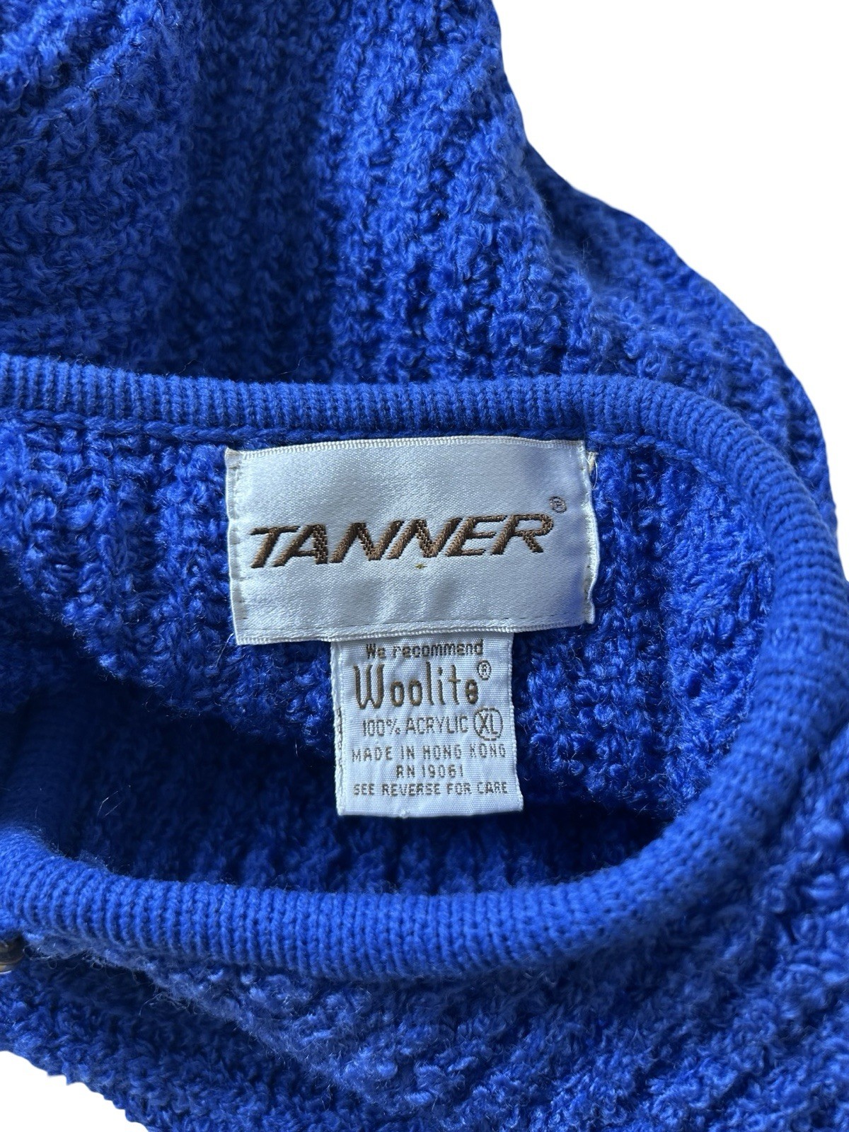 VTG TANNER Boucle Cardigan Sweater Size XL Royal Blue Gold Button Twee Hong Kong