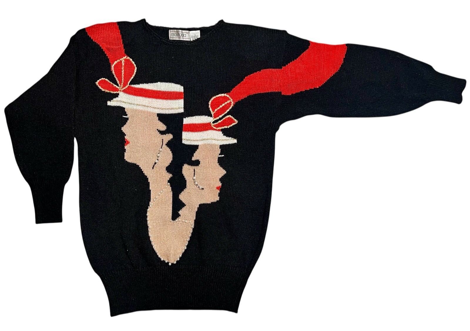 Vtg Maurada Flapper Girl Christmas Embellished Pearl Oversize Sweater Whimsigoth