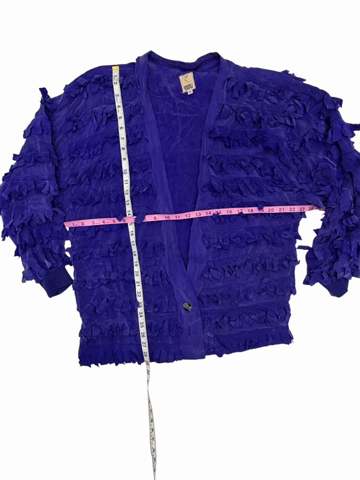 VTG Paula Sweet Muslin Mink Fringe Art Wear Cardigan Jacket Cobalt Blue M
