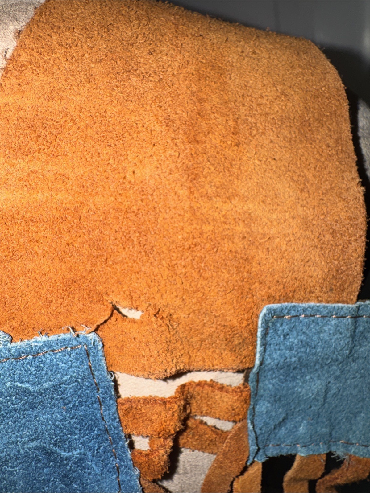 Vintage 70’s Hippie Suede Leather Cut Squares Blue & Brown Vest Made In Mexico