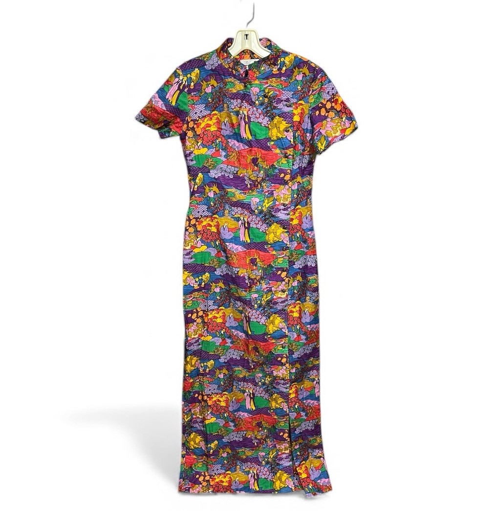 Vintage 60s/70s Serbin by Muriel Ryan Maxi Dress XS-S High Neck Vibrant Pastoral